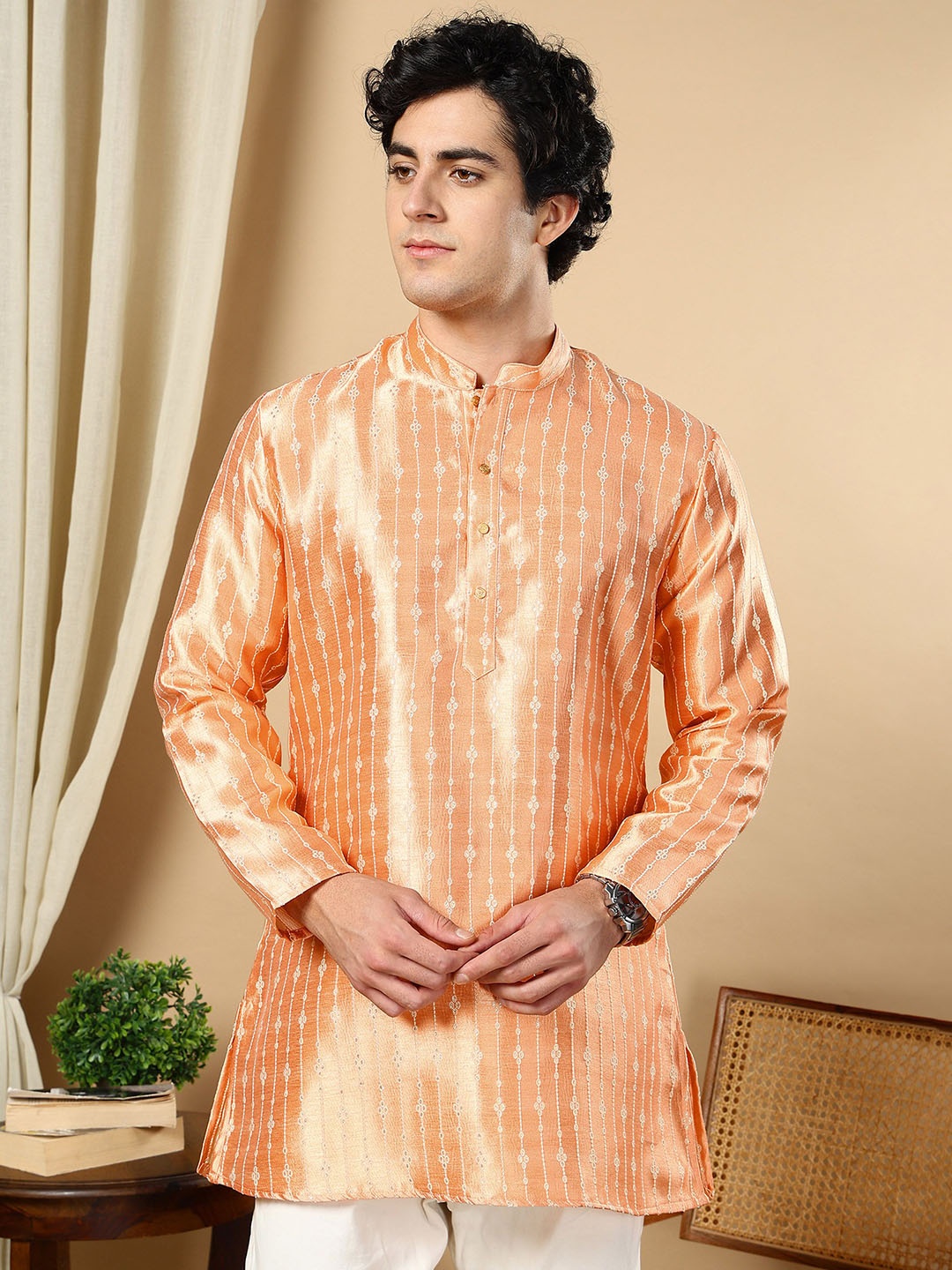 

TATTVA Ethnic Motifs Embroidered Mandarin Collar Thread Work Jacquard Straight Short Kurta, Orange