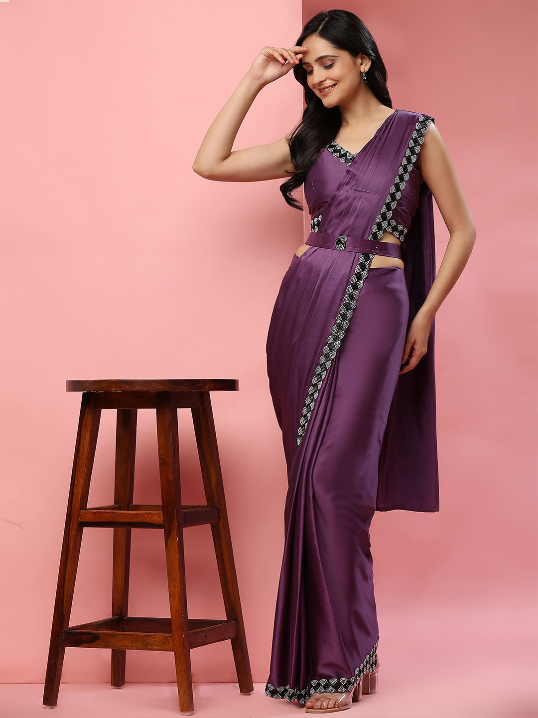 

AMOHA TRENDZ Beads and Stones Ready to Wear Saree, Purple