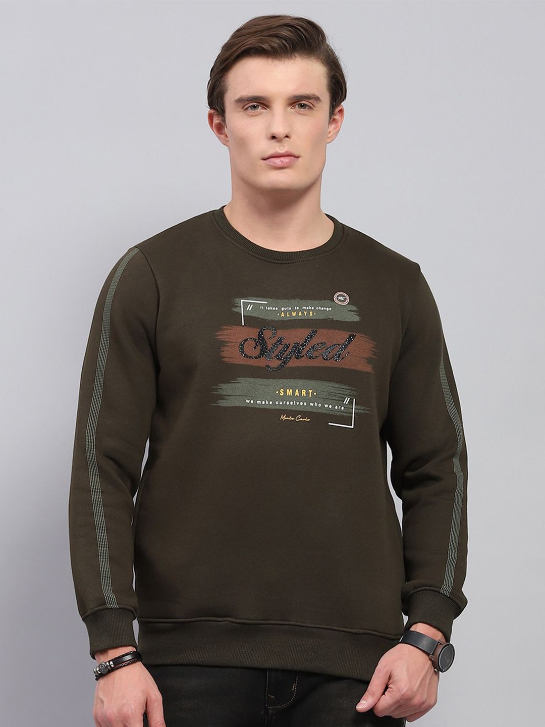

Monte Carlo Men Cotton Typography Printed Round Neck Long Sleeves Pullover Sweatshirt, Olive