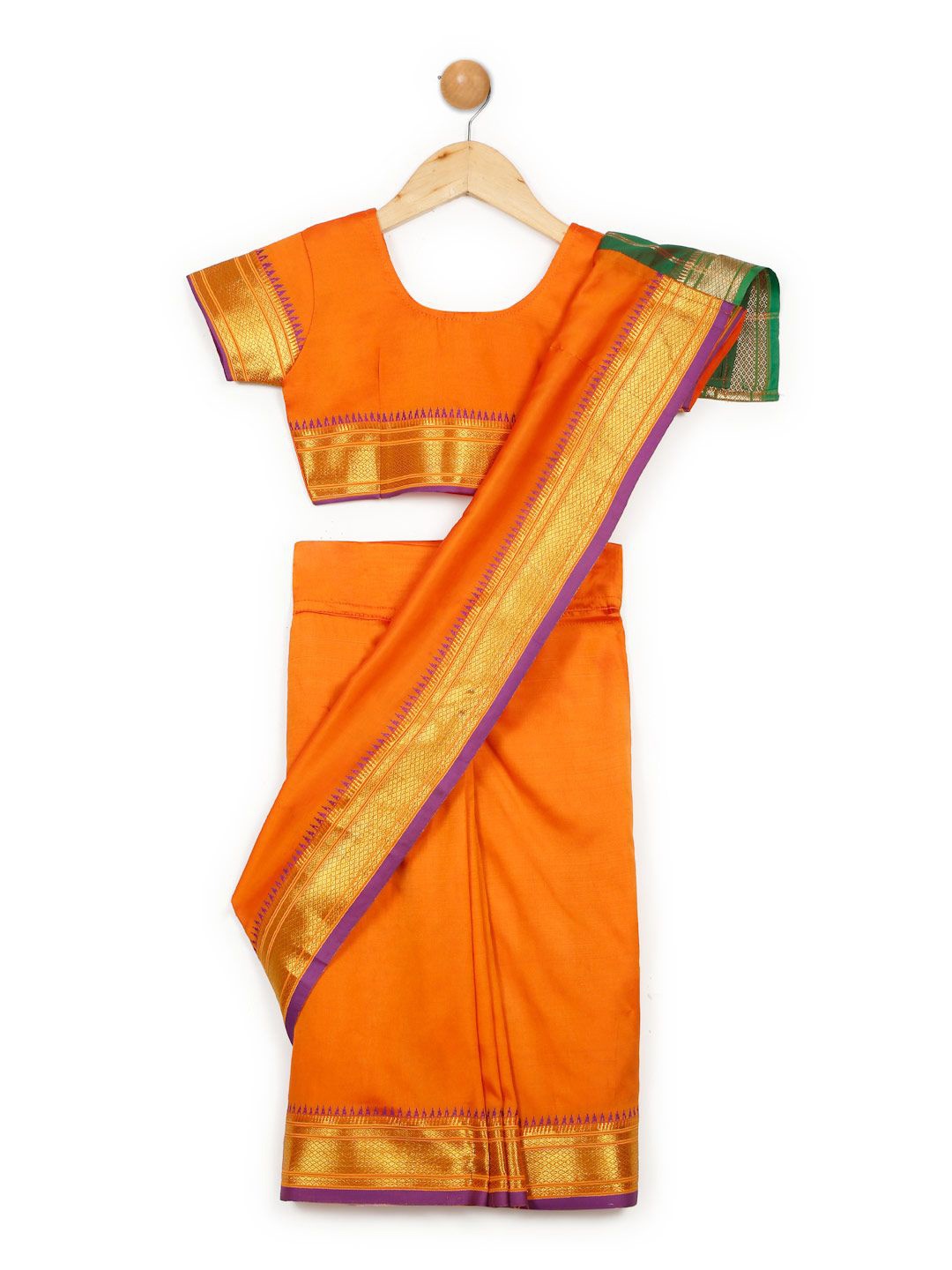 

LITTLE GINNIE Girls Embroidered Kanjeevaram Saree, Orange