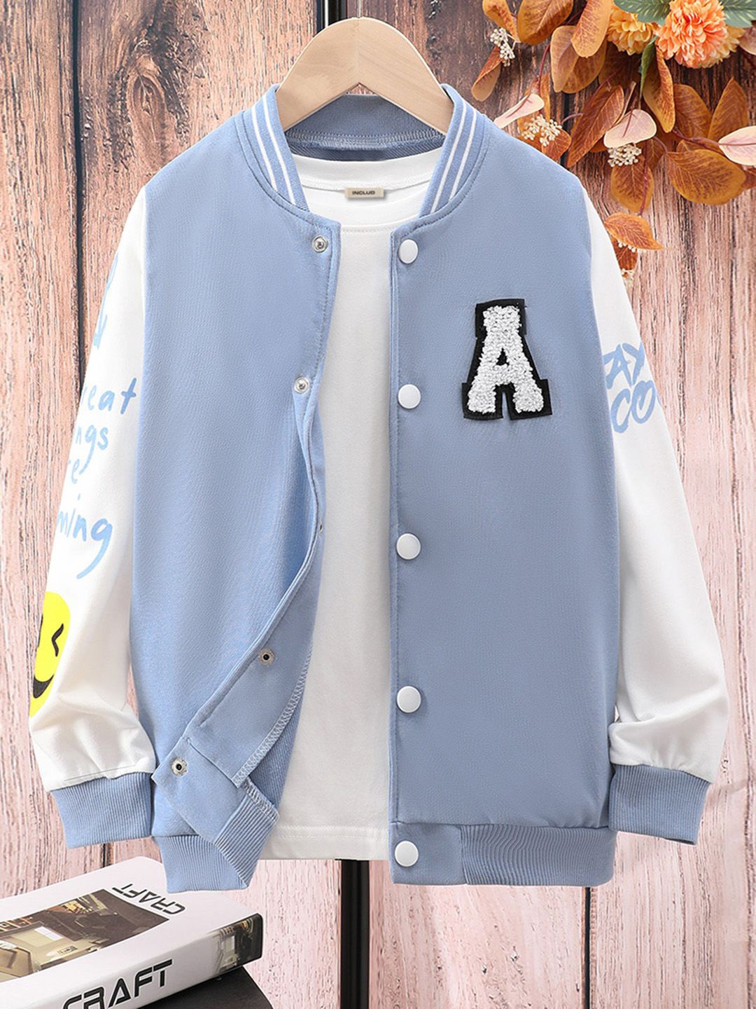 

INCLUD Boys Stand Collar Colourblocked Cotton Casual Varsity Jacket, Lavender