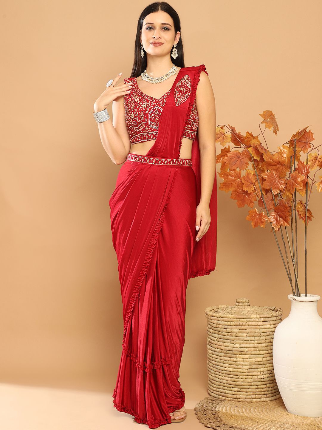 

Mitera Women Solid Leheriya Saree, Maroon