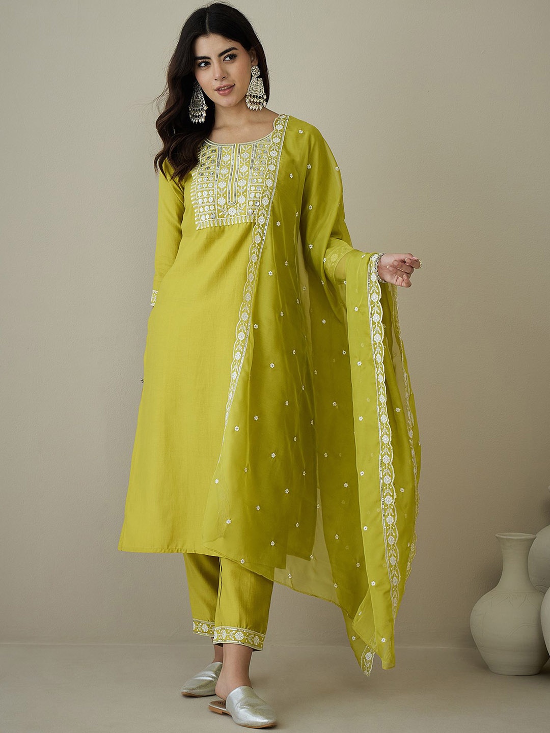 

KLOSIA Floral Embroidered Thread Work Pure Silk Straight Kurta with Trouser & Dupatta, Yellow