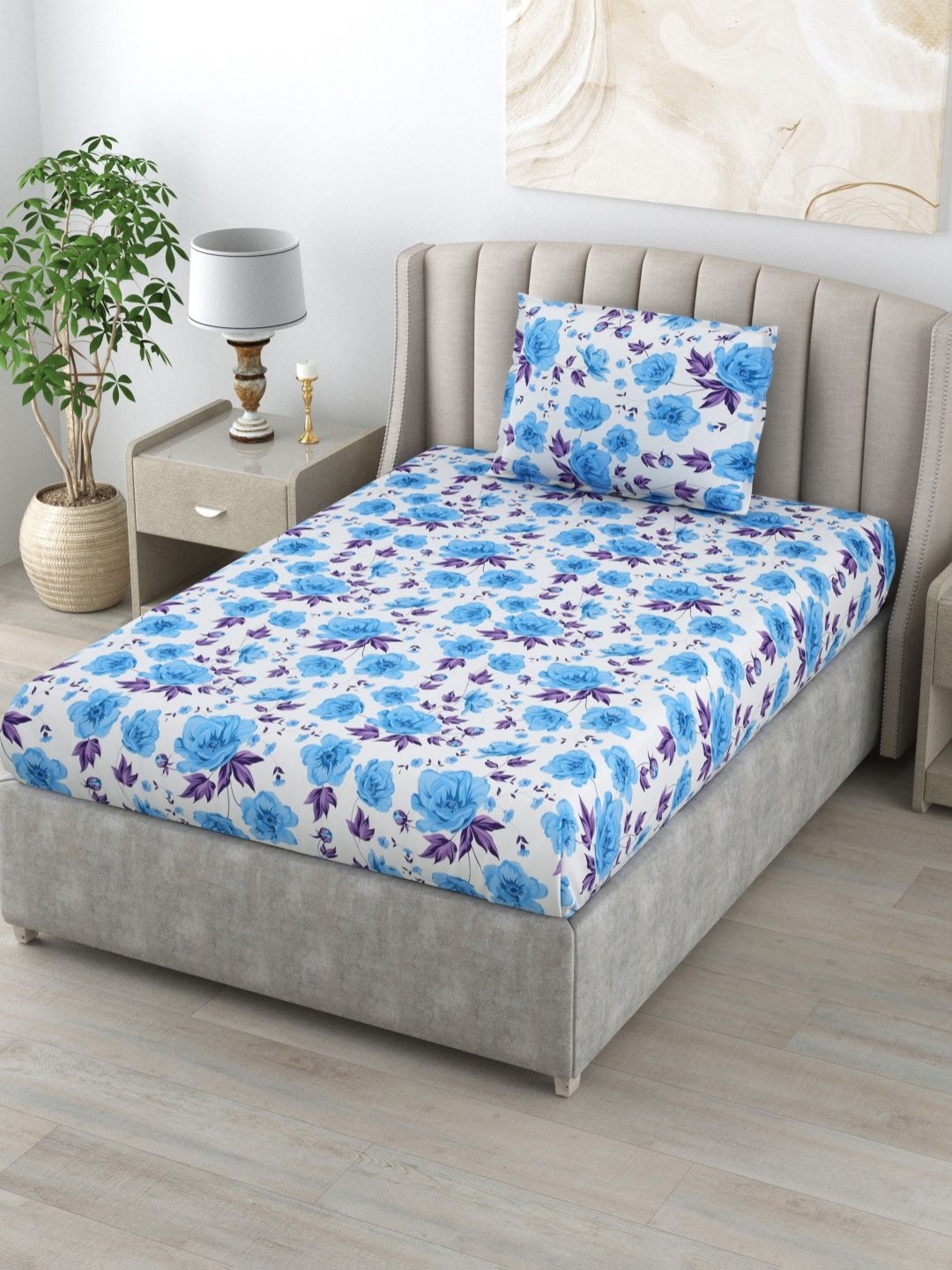 

BOMBAY DYEING Epigram Blue Floral Cotton 144 TC Single Bedsheet Set 1.50 m x 2.24 m