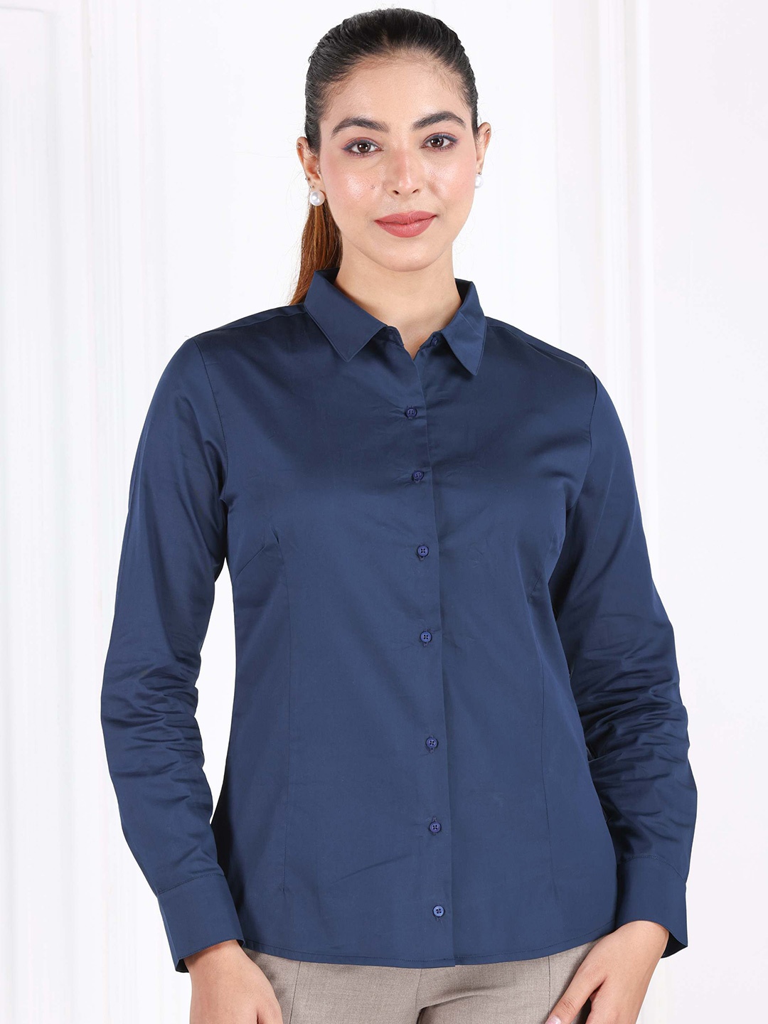 

Mlada Women Regular Formal Cotton Shirts, Navy blue