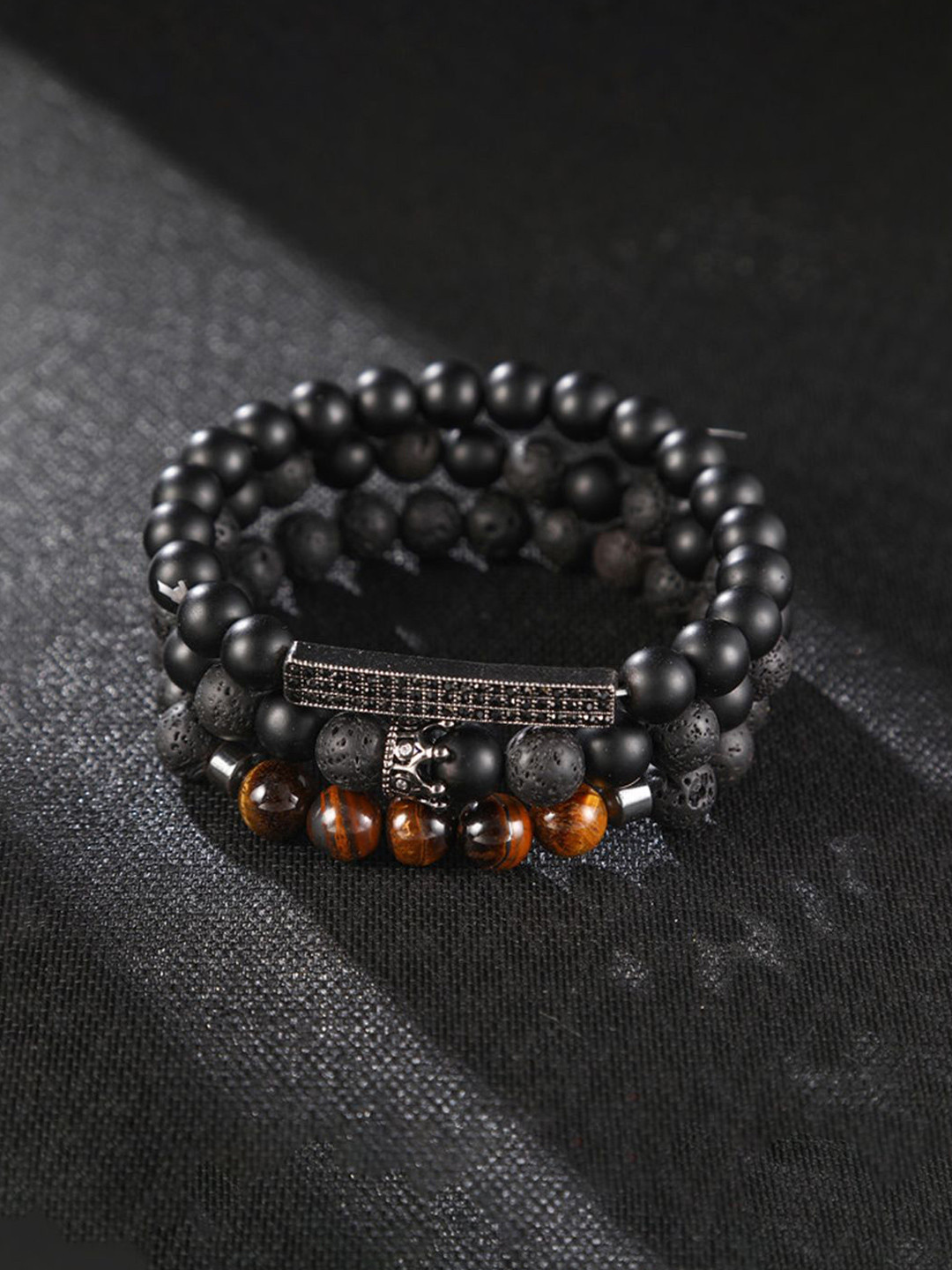 

Jewels Galaxy Men Set Of 3 Silver-Plated Beaded Elasticated Bracelets, Black