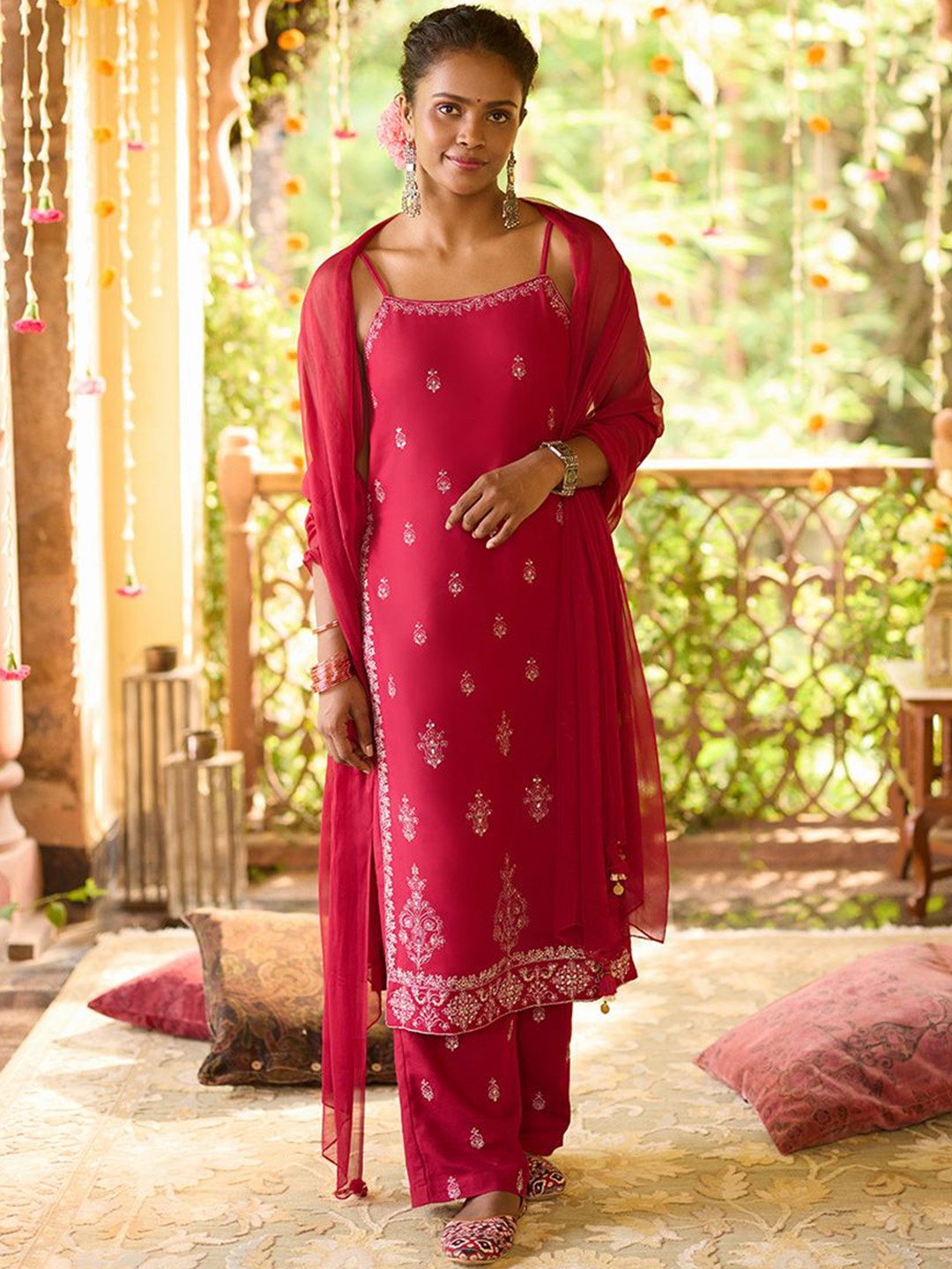 

Global Desi Floral Embroidered Kurta With Trousers & Dupatta, Red