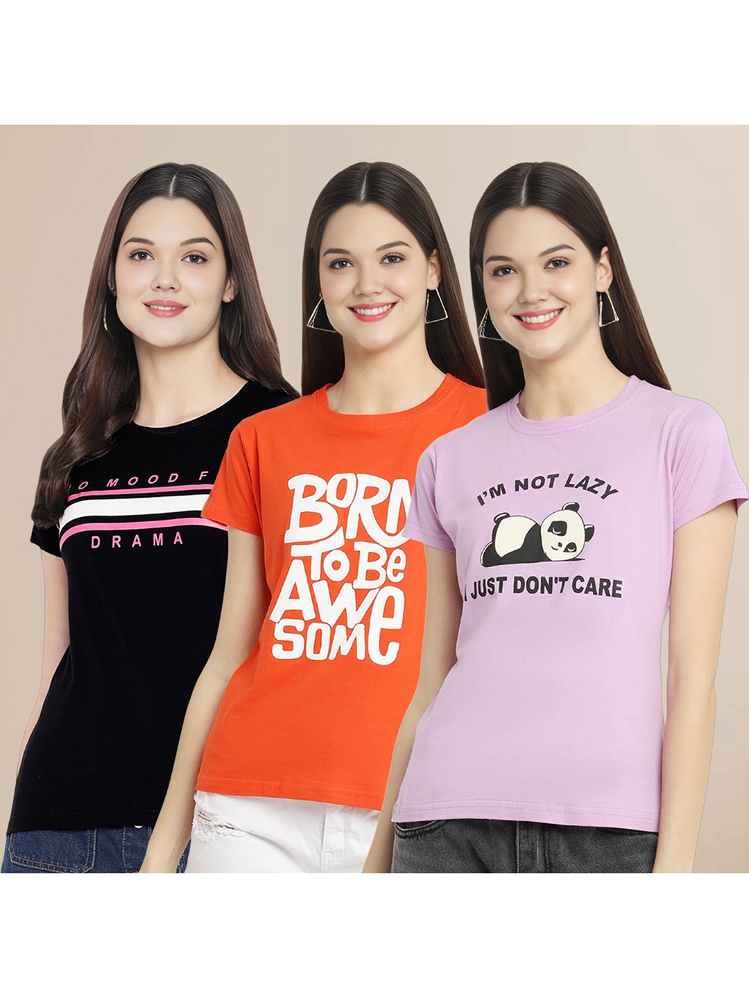 

Metronaut Women Pack Of 3 Typography Printed Round Neck Cotton T-shirts, Black