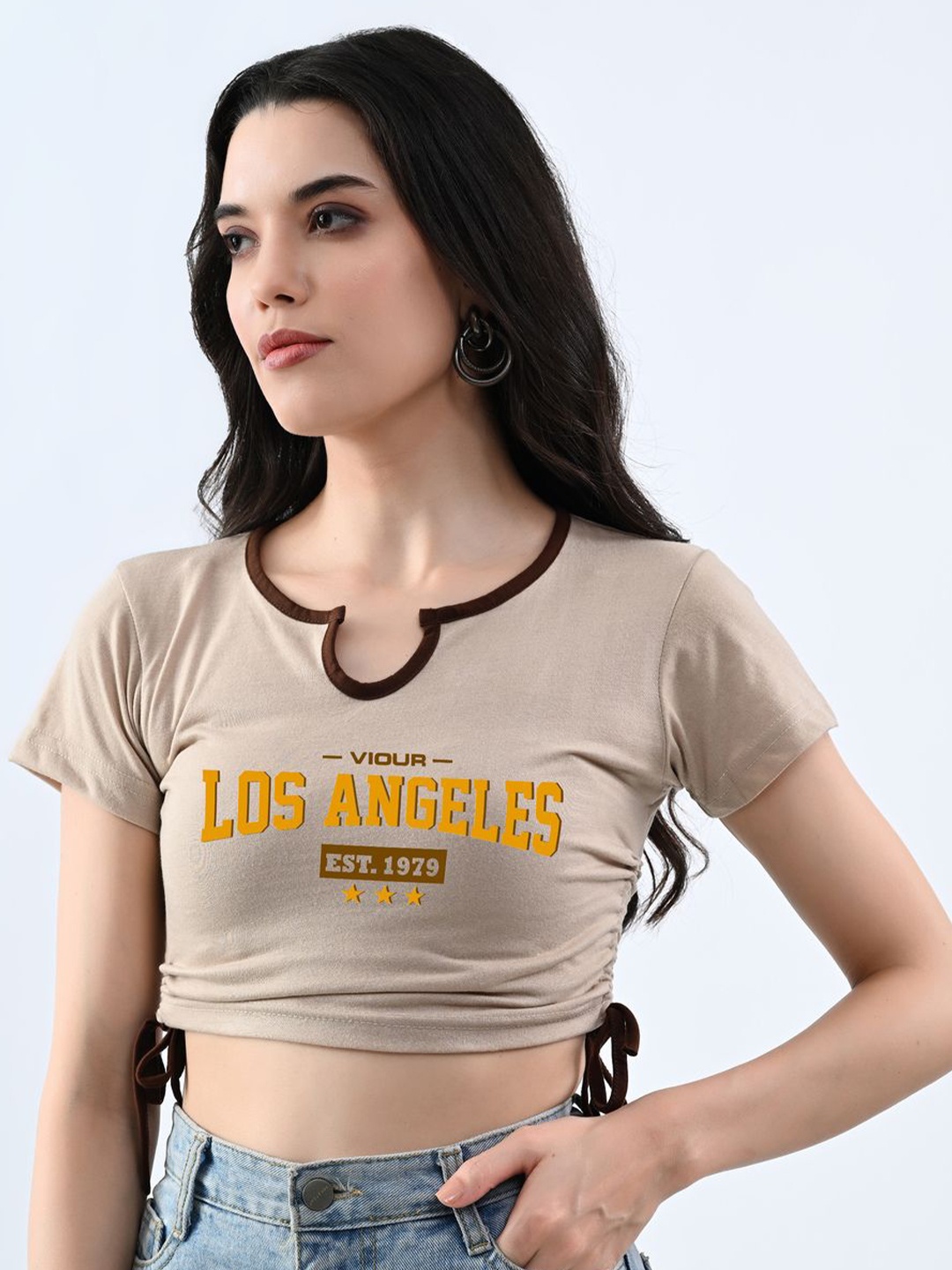 

Genzy Women Printed Cotton Crop Top, Beige