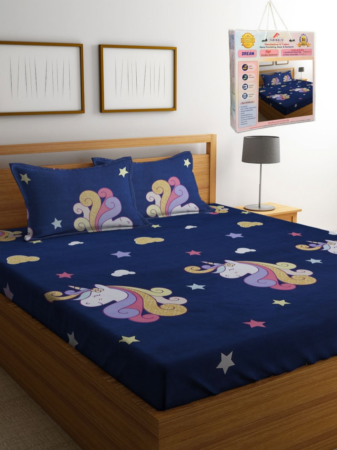 

FABINALIV Blue & Pink Cartoon Characters 300 TC King Bedsheet with 2 Pillow Covers