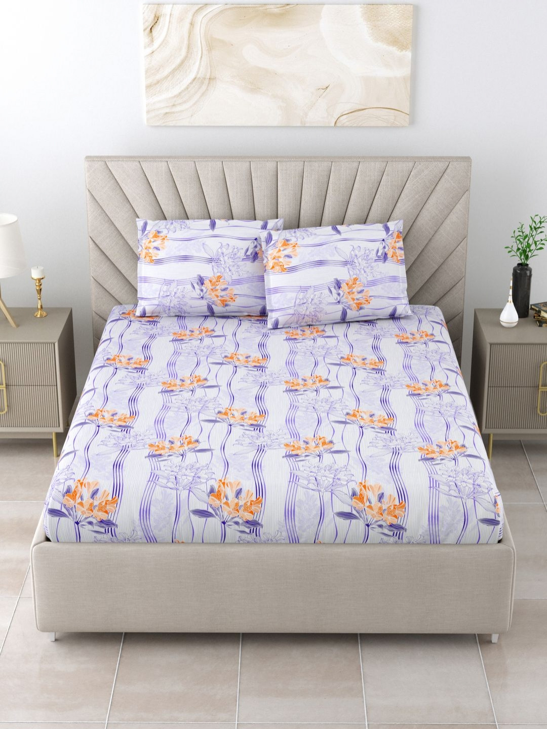 

BOMBAY DYEING EPIGRAM Purple Floral Printed Cotton 144 TC Queen Bedsheet Set 2.54 x 2.24m
