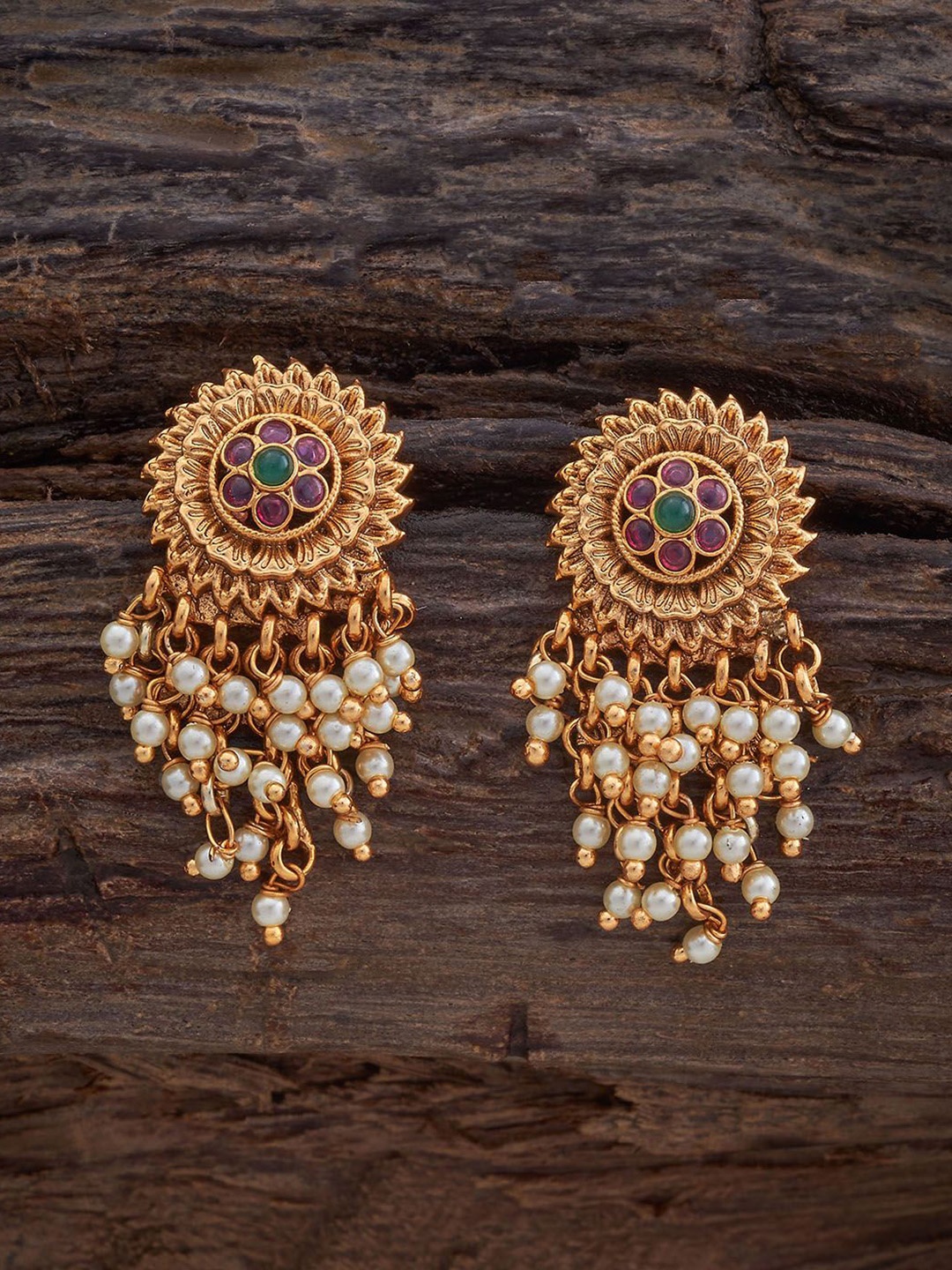 

Kushal's Fashion Jewellery Gold Plated Stone Studded & Beaded Oval Drop Earrings