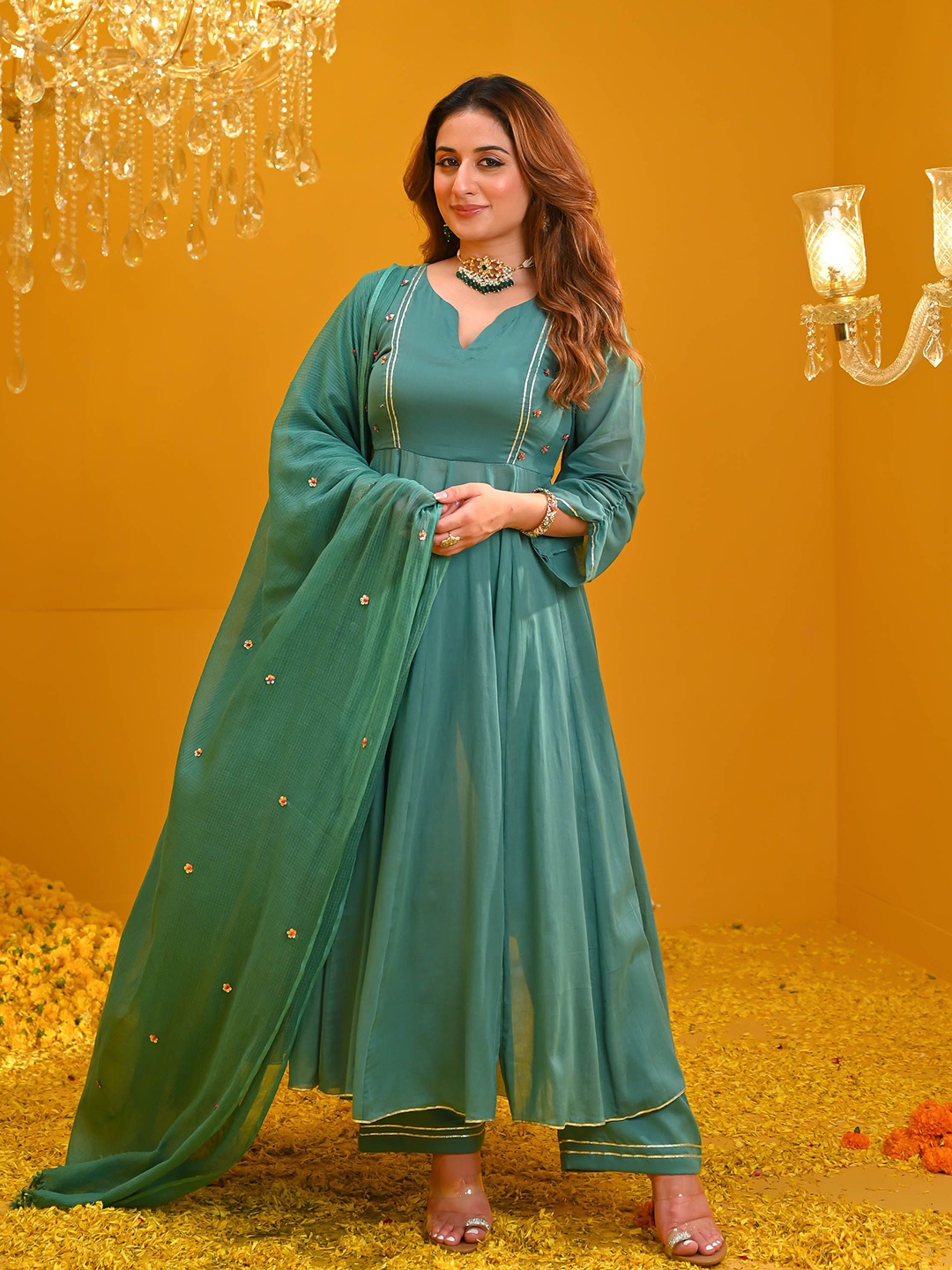 

Bunaai Floral Embroidered Gotta Patti Anarkali Kurta With Trousers & Dupatta, Green