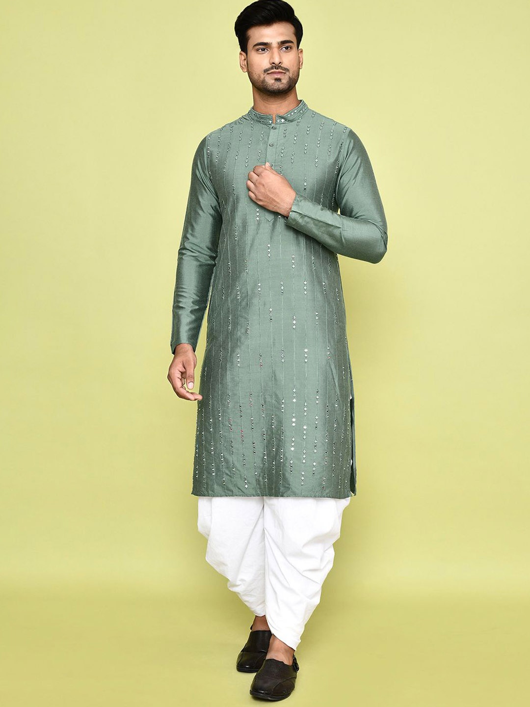 

Arihant Rai Sinha Striped Mandarin Collar Regular Mirror Work Kurta With Patiala, Green
