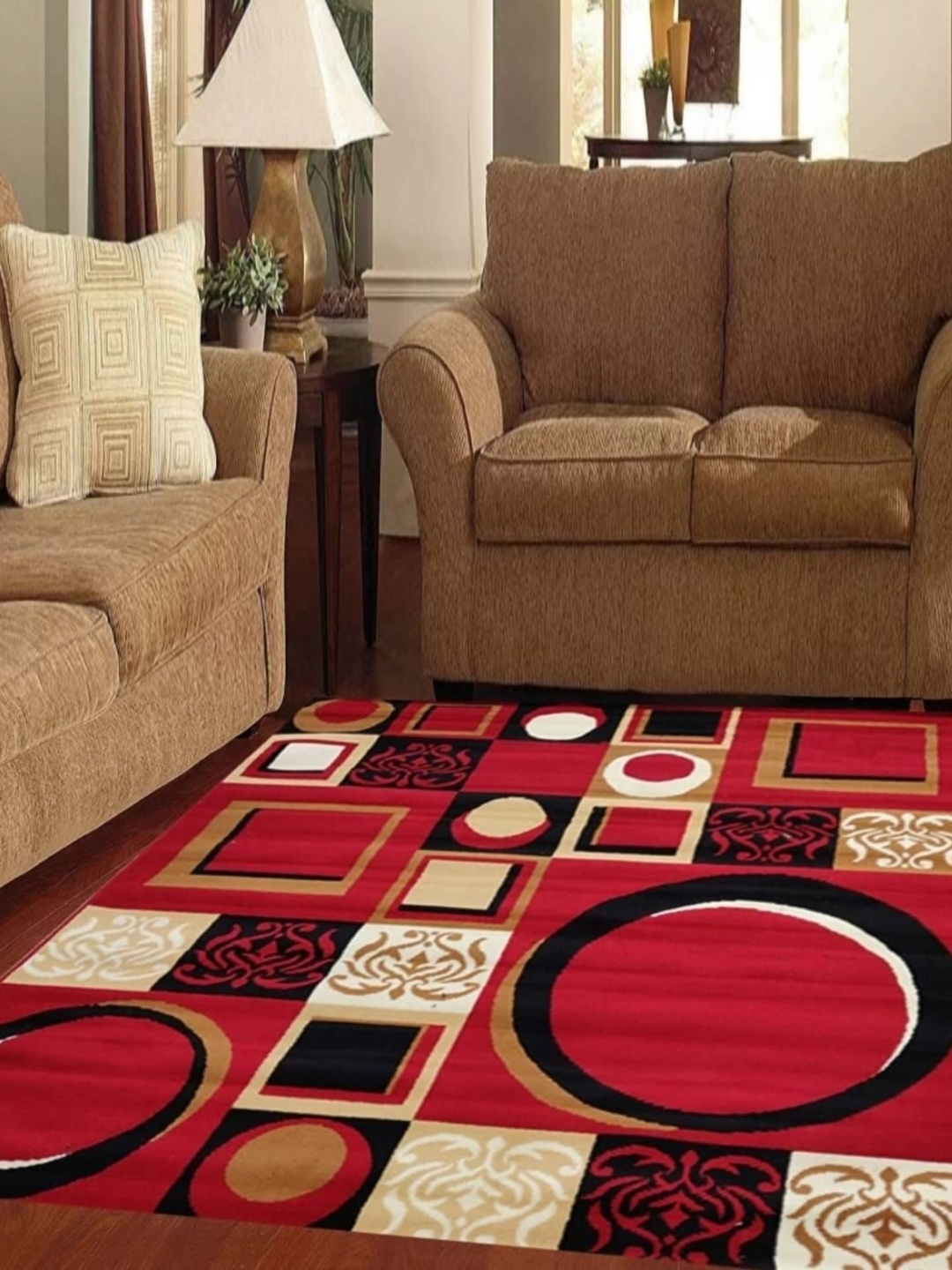 

Samjeeda Handloom carpets Red Geometric Anti-Skid Polyester Carpet