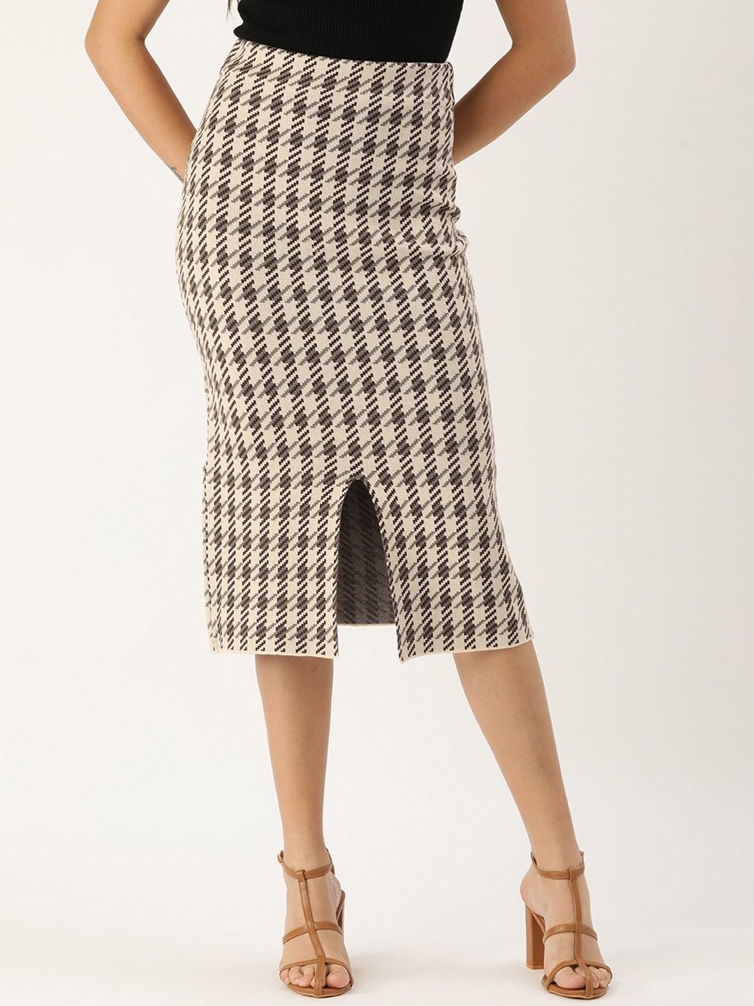 

SHECZZAR Women Checked Pencil Midi Slit Skirt, Beige