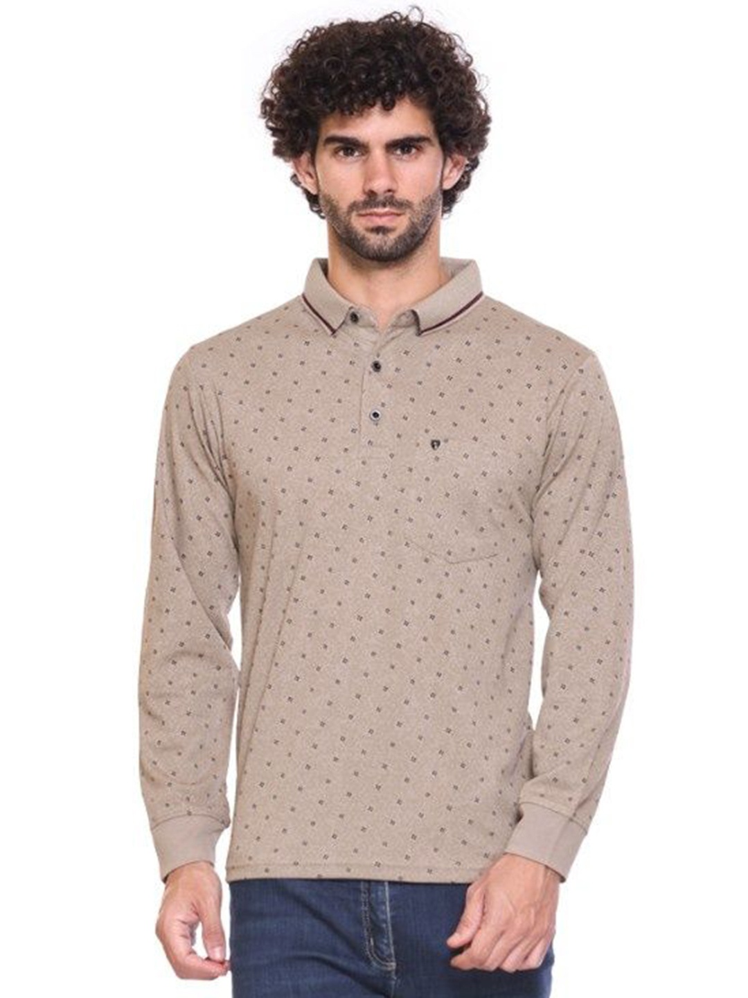 

ARRAY Men Geometric Printed Polo Collar Cotton Slim Fit T-shirt, Camel brown