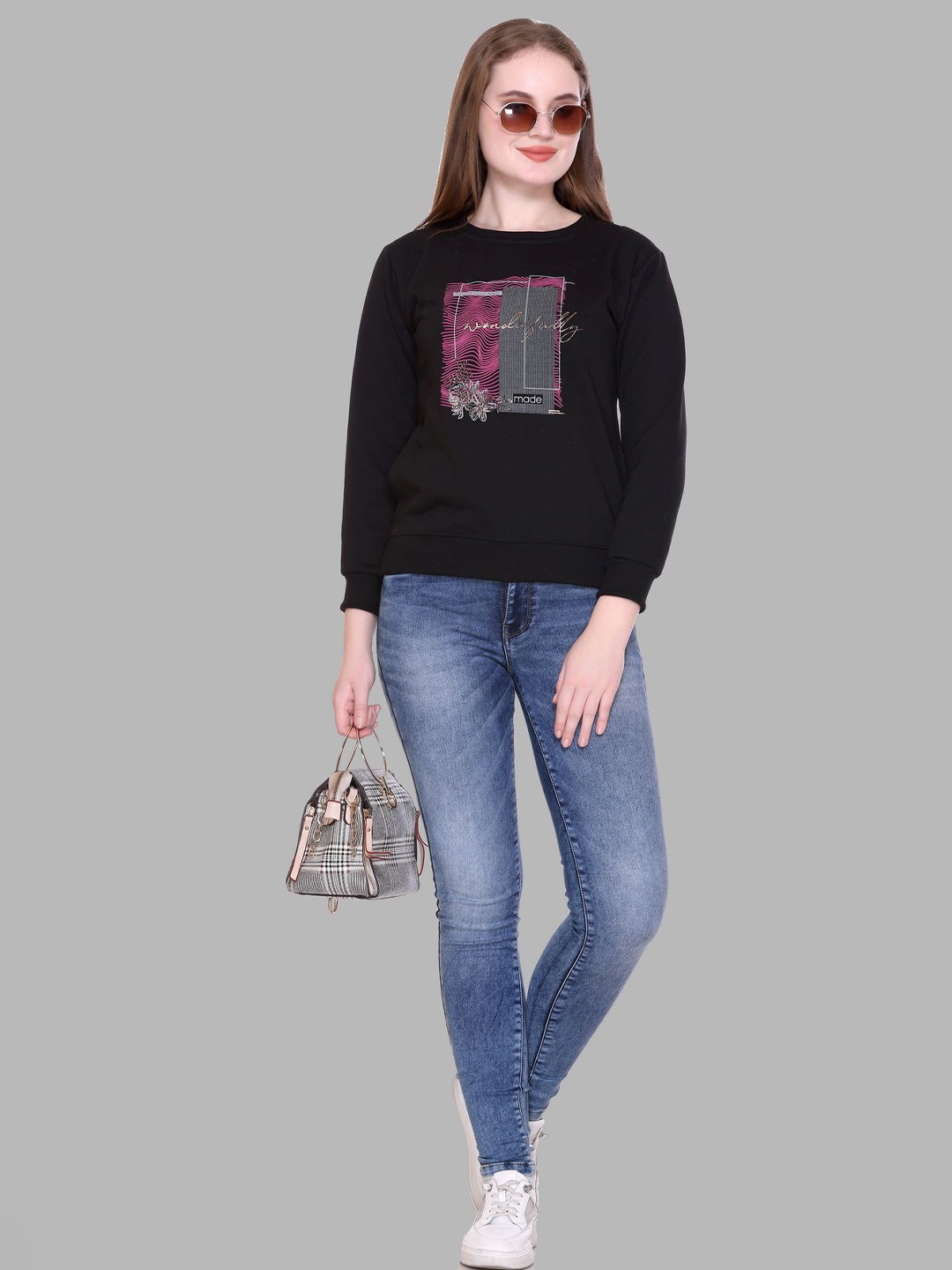 

Pink Marie Womens Fleece Front Print Round Neck Sweatshirt, Black