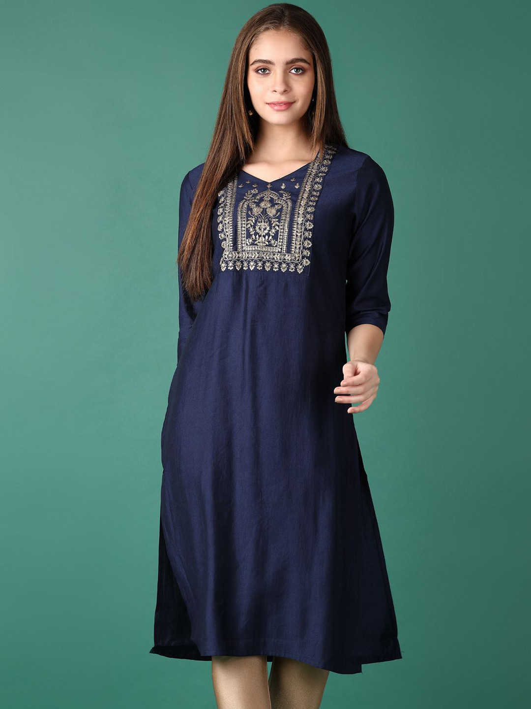 

V-Mart Floral Yoke Design Sequinned V-Neck Gadwal Cotton Straight Kurta, Teal