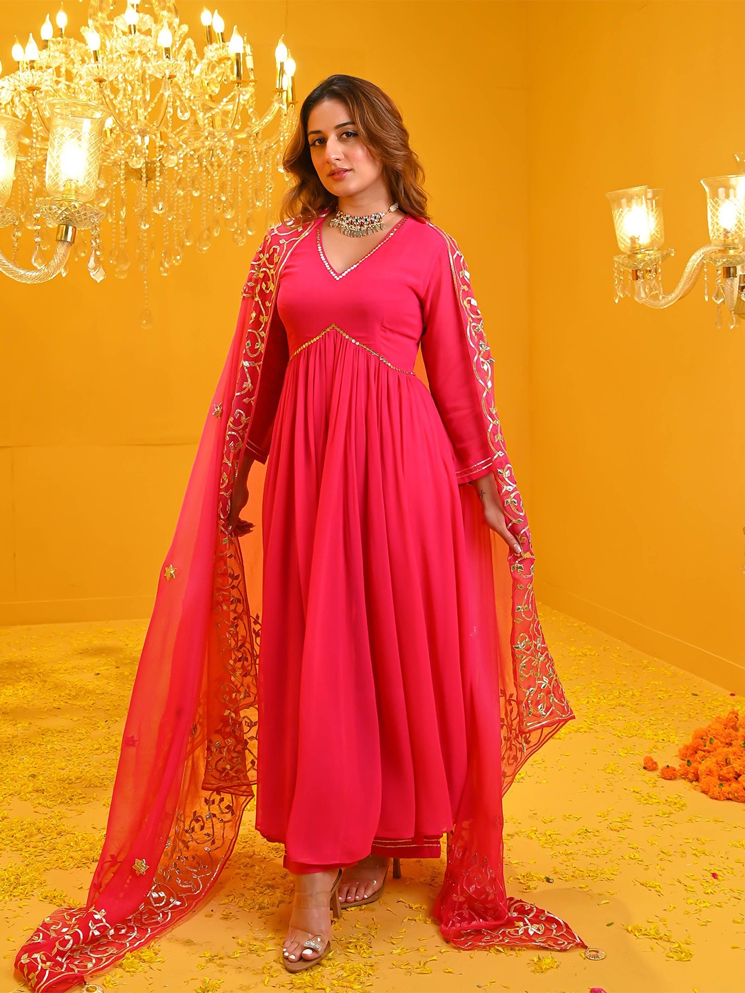 

Bunaai Gotta Patti Georgette Anarkali Kurta With Trouser & Dupatta, Pink