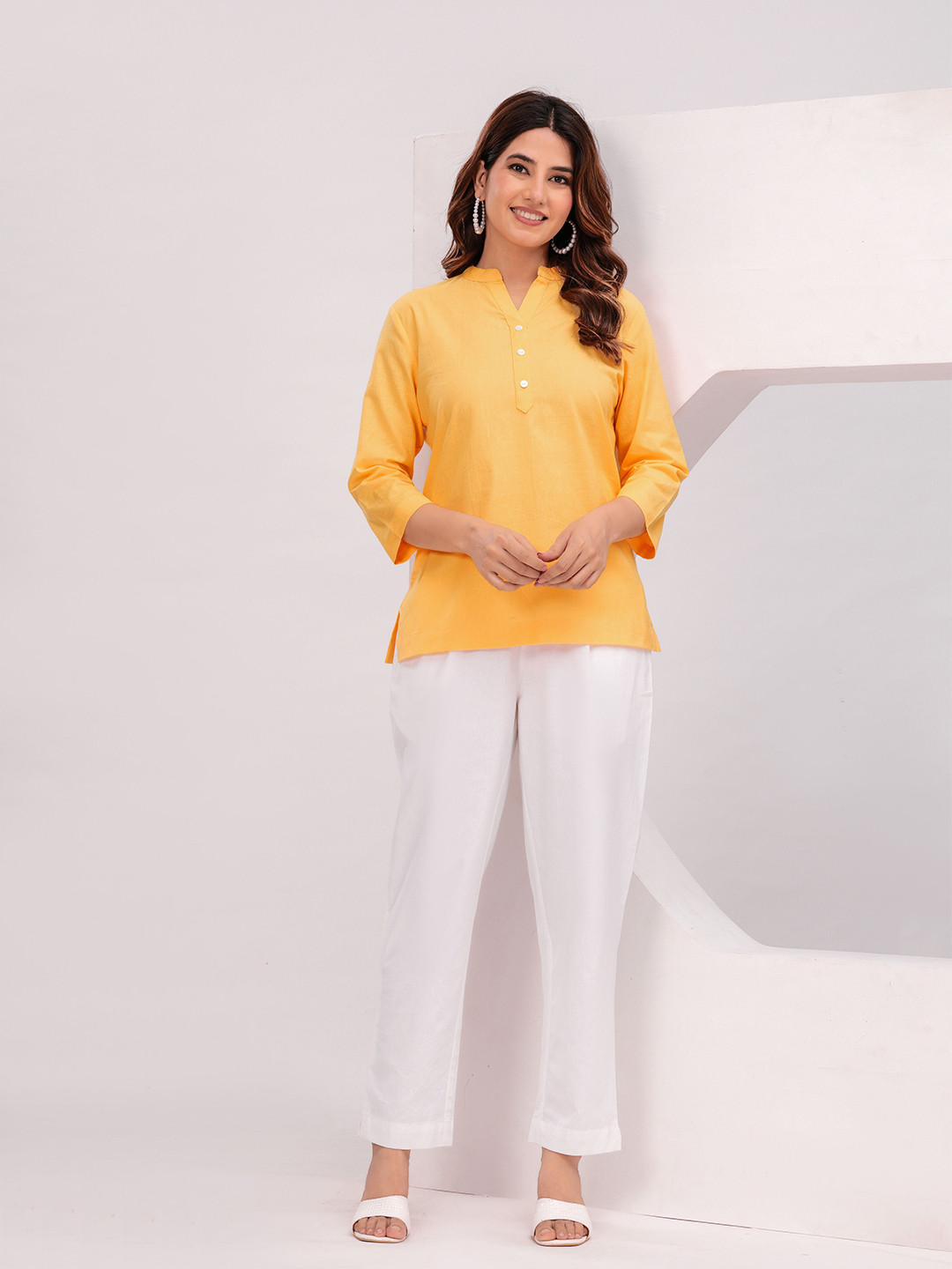 

KALINI Mandarin Collar Three-Quarter Sleeves Cotton Shirt Style Top, Yellow