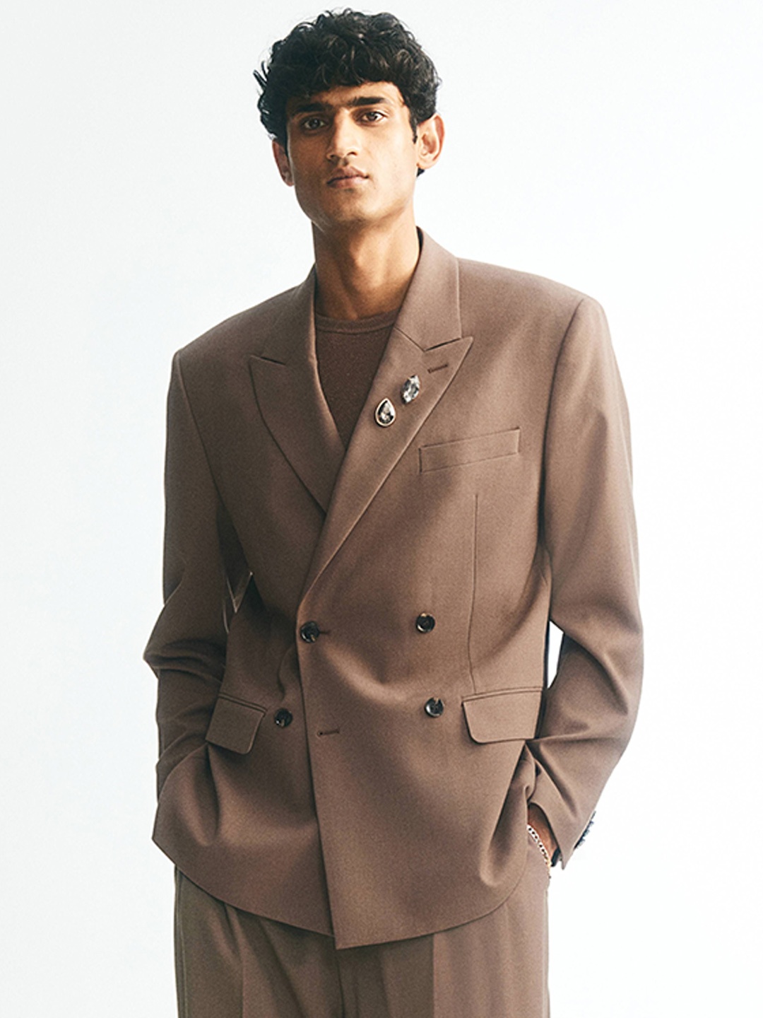 

H&M Loose Fit Double-Breasted Jacket, Brown
