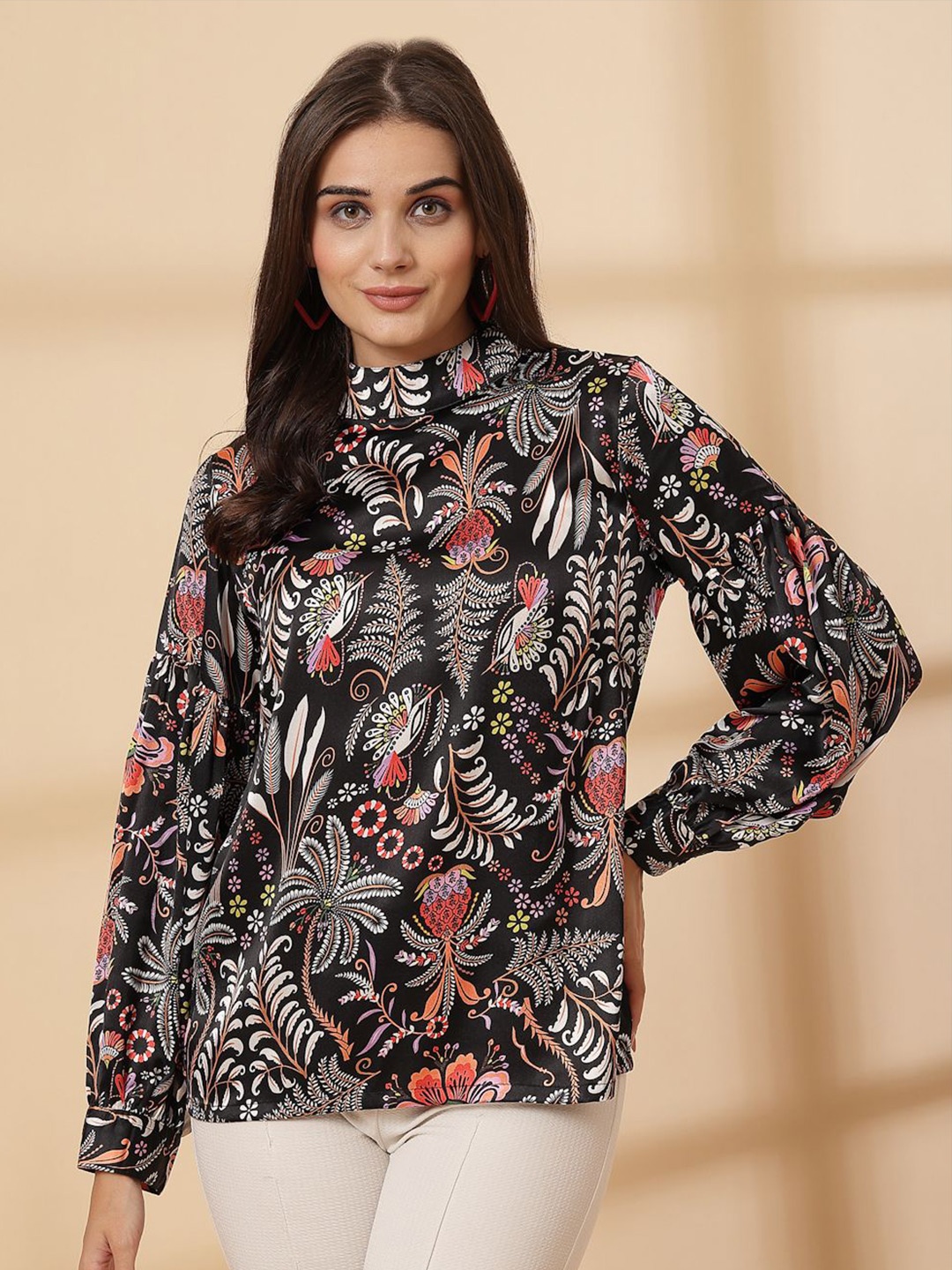 

plusS Women Floral Printed Shirt Style Regular Top, Black