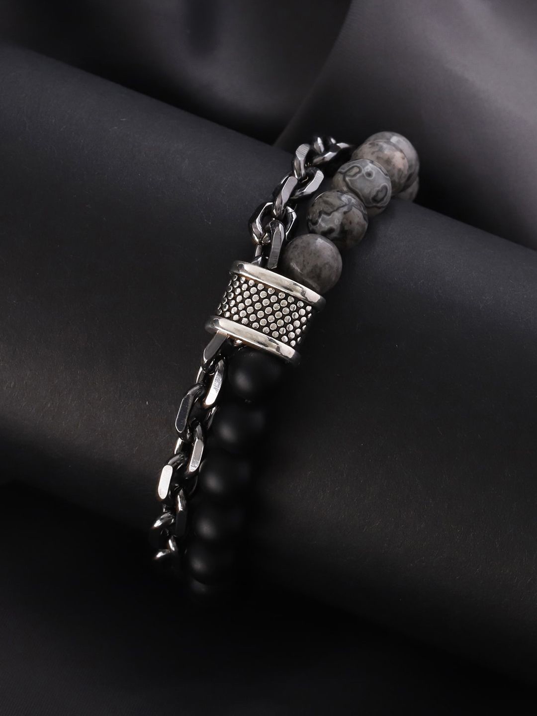 

Jewels Galaxy Men Silver-Plated Beaded Elasticated Bracelet, Black