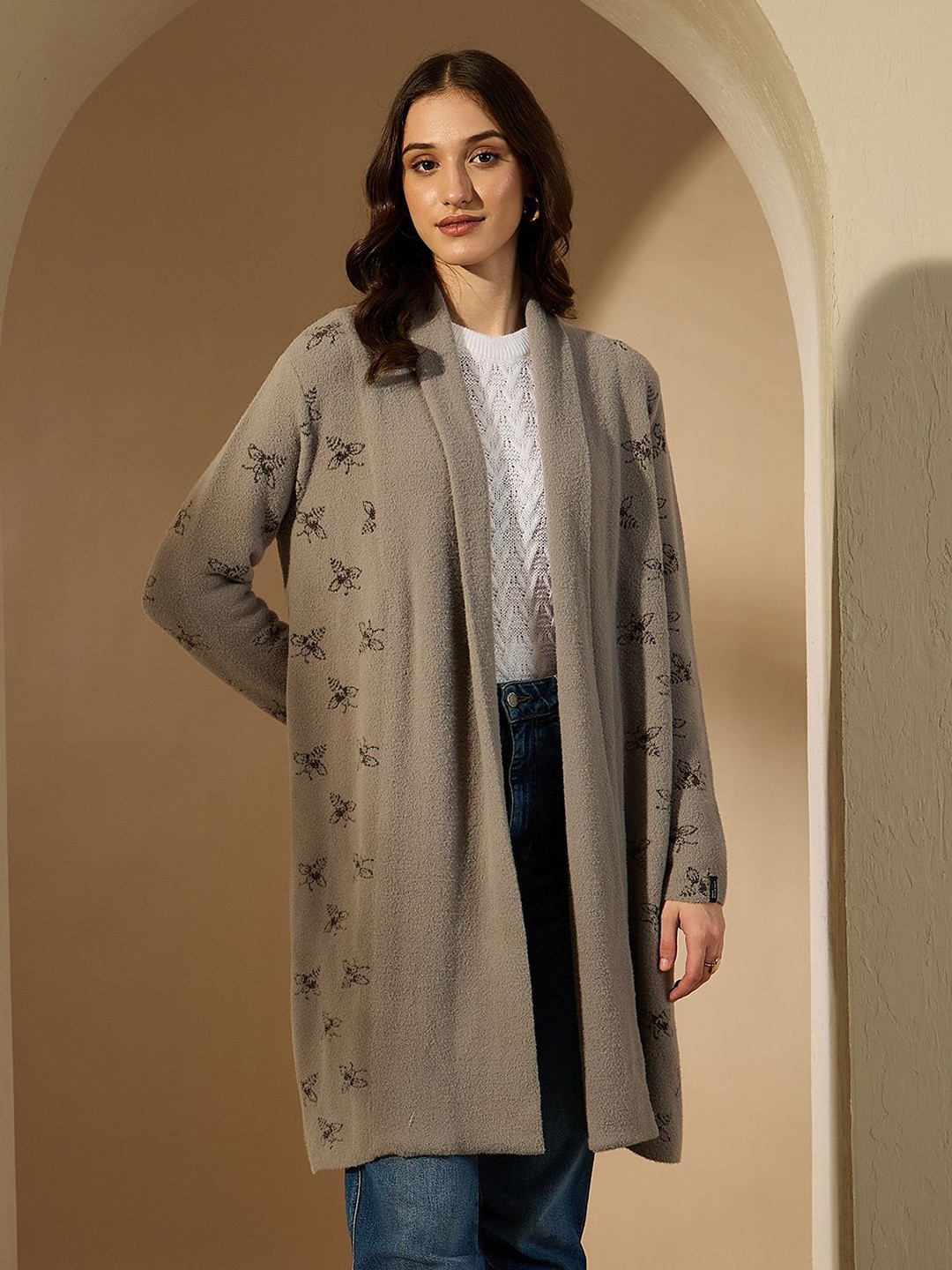 

CREATIVE LINE Self Design Woollen Longline Front Open Shrug, Grey
