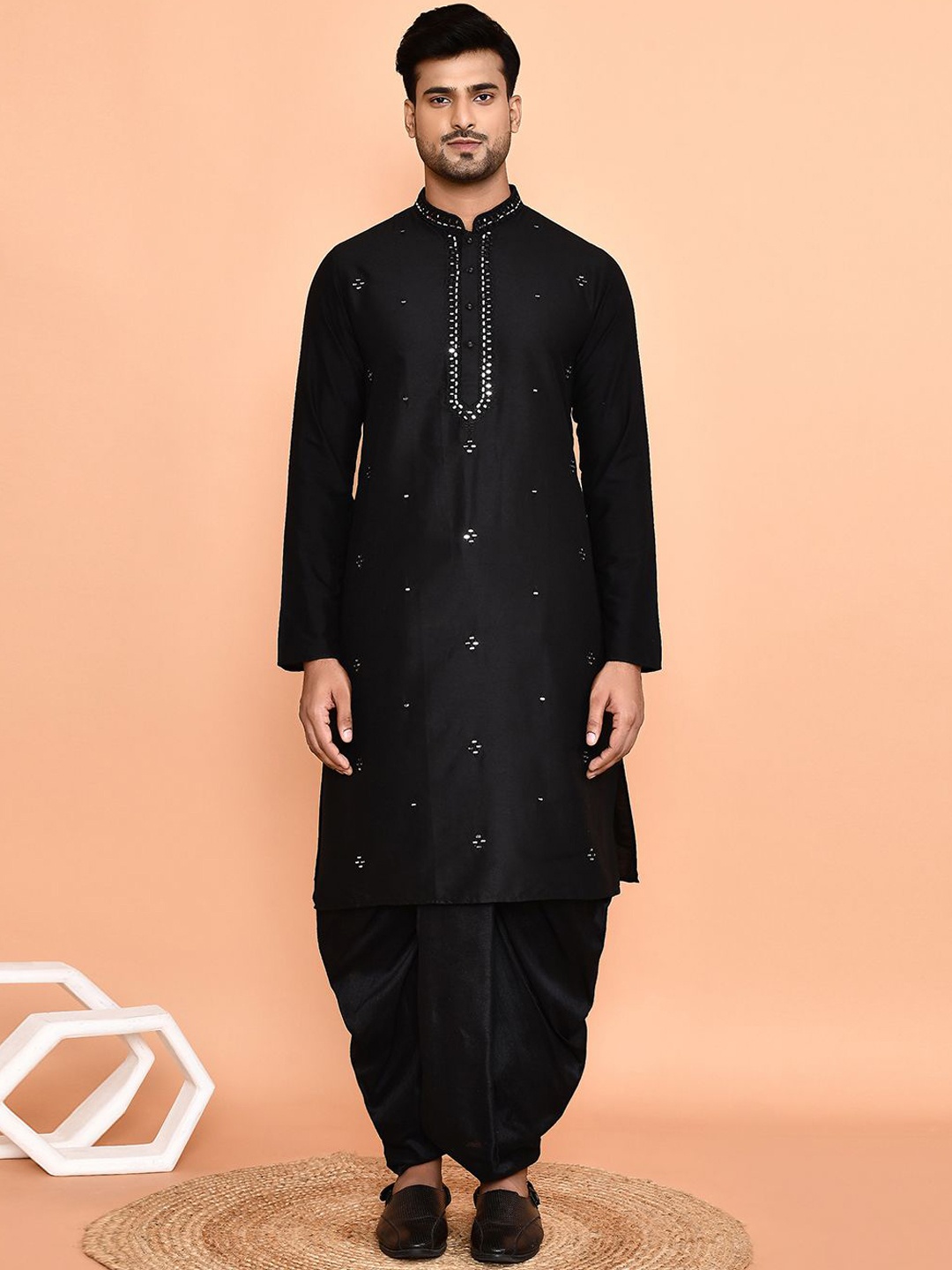 

Arihant Rai Sinha Geometric Embroidered Mirror Work Straight Kurta with Dhoti Pants, Black