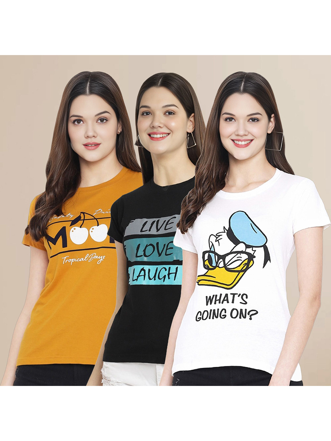

Metronaut Women Pack Of 3 Typography Printed Round Neck Cotton Donald Duck T-shirts, Mustard
