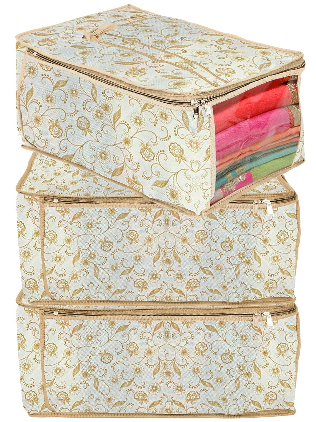 

Kuber Industries Brown 3 Pieces Printed Multi-Utility Saree Organisers