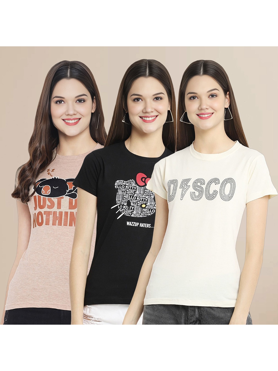 

Metronaut Women Pack Of 3 Typography Printed Round Neck Cotton T-shirts, Beige