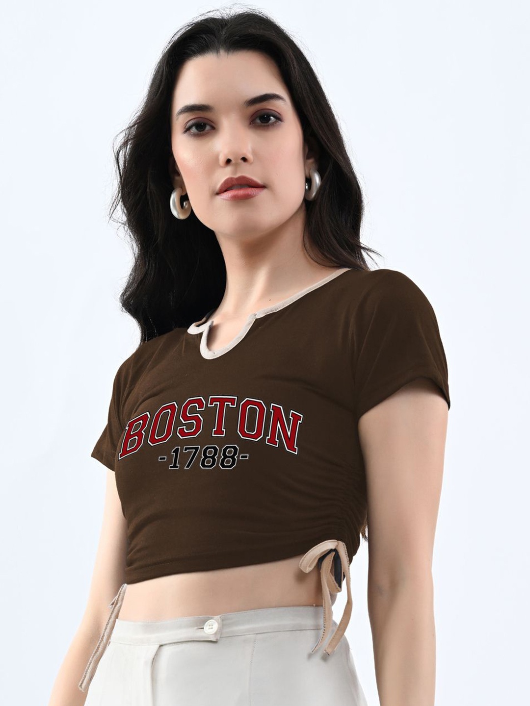 

Genzy Women Typography Printed Cotton Crop Top, Brown