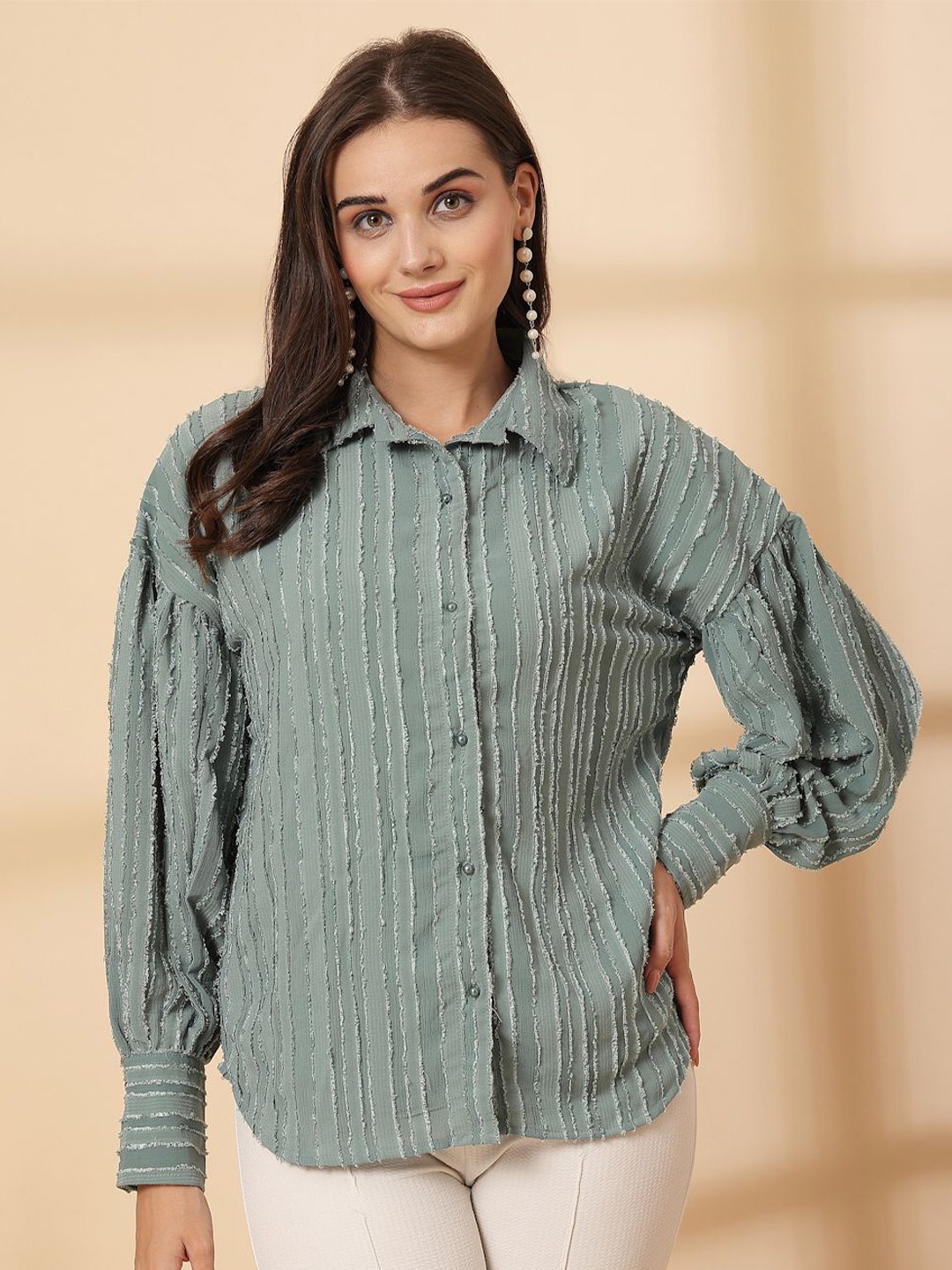 

plusS Women Spread Collar Textured Casual Shirt, Sea green