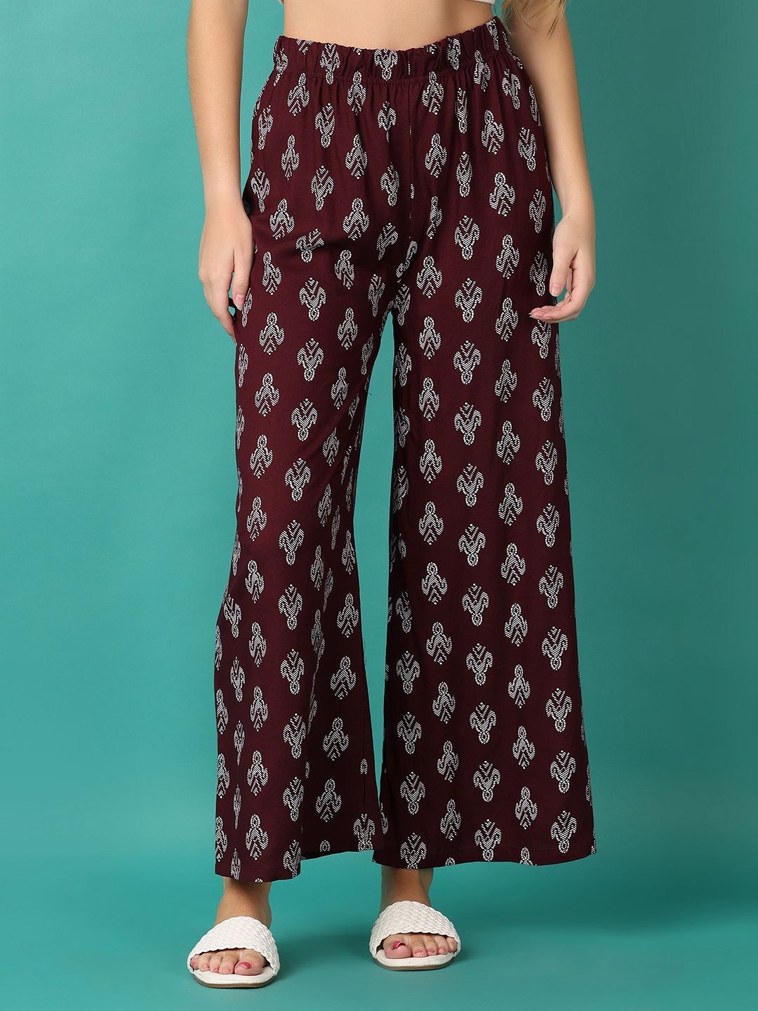

V-Mart Women Ethnic Motifs Printed Knitted Ethnic Palazzos, Maroon