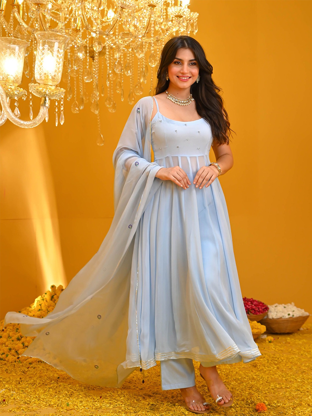 

Bunaai Floral Embroidered Beads and Stones Georgette Anarkali Kurta With Palazzo & Dupatta, Blue