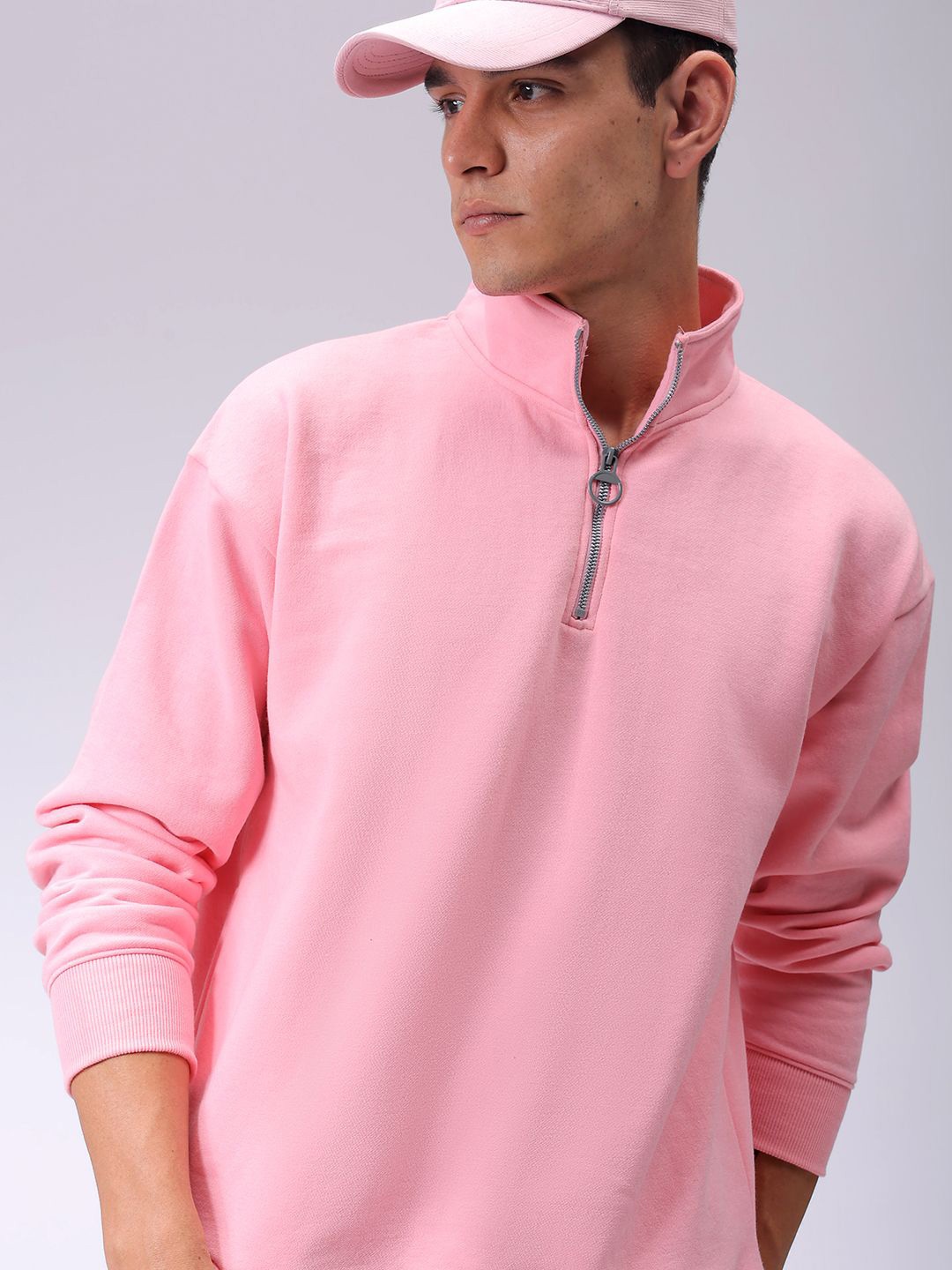 

The Indian Garage Co Men High Neck Half Zipper Winter Sweatshirt, Pink