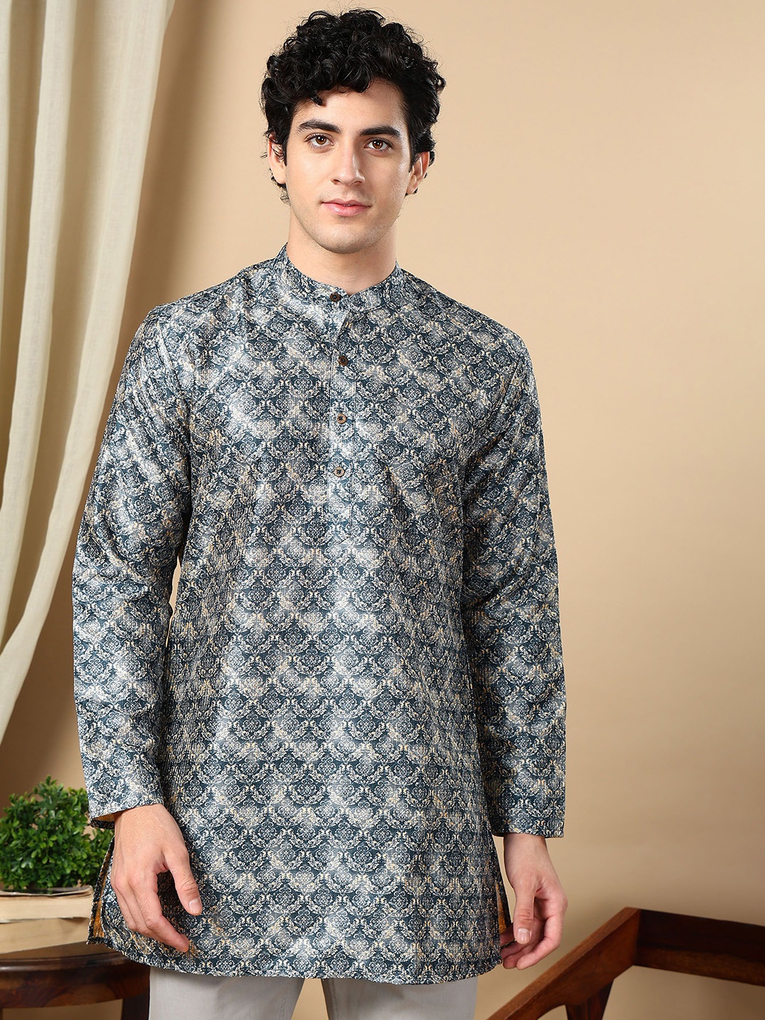 

TATTVA Mandarin Collar Abstract Printed Straight Kurta, Teal