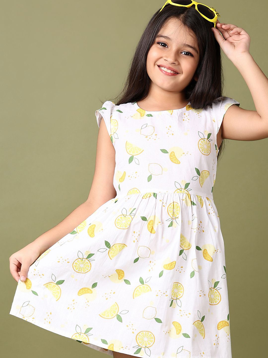 

V-Mart Girls Cotton Conversational Printed Round Neck Cap Sleeves Fit & Flare Dress, White