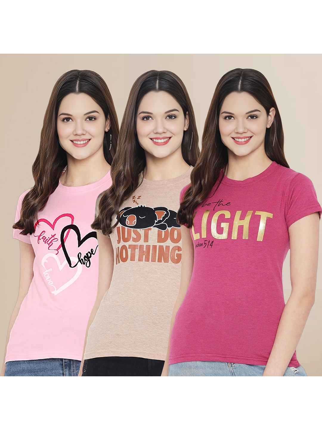 

Metronaut Women Pack Of 3 Typography Printed Round Neck Cotton T-shirts, Pink