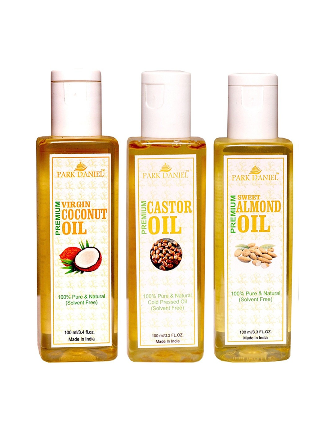 

Park Daniel Set of 3 Coconut Oil, Sweet Almond Oil & Castor Oil For Hair & Skin, Transparent