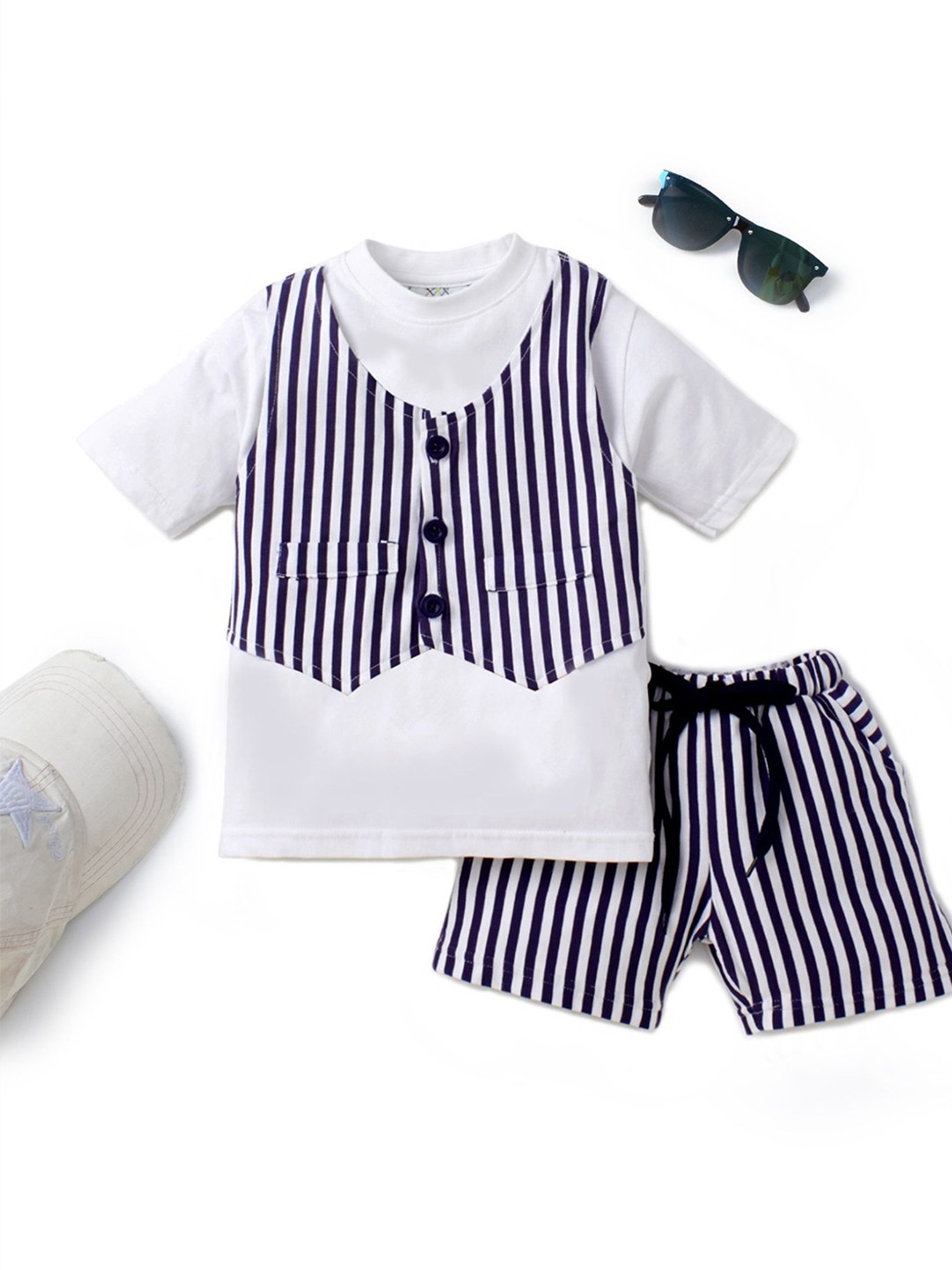 

Knit N Knot Boys Striped T-shirt with Shorts and Waistcoat, White