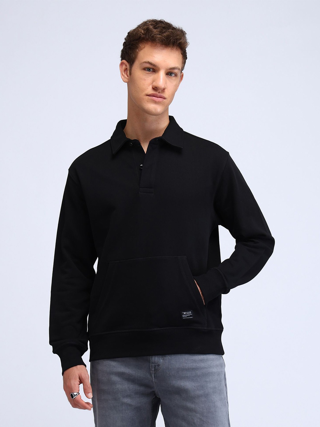 

Flying Machine Men Cotton Shirt Collar Pullover Sweatshirt, Black