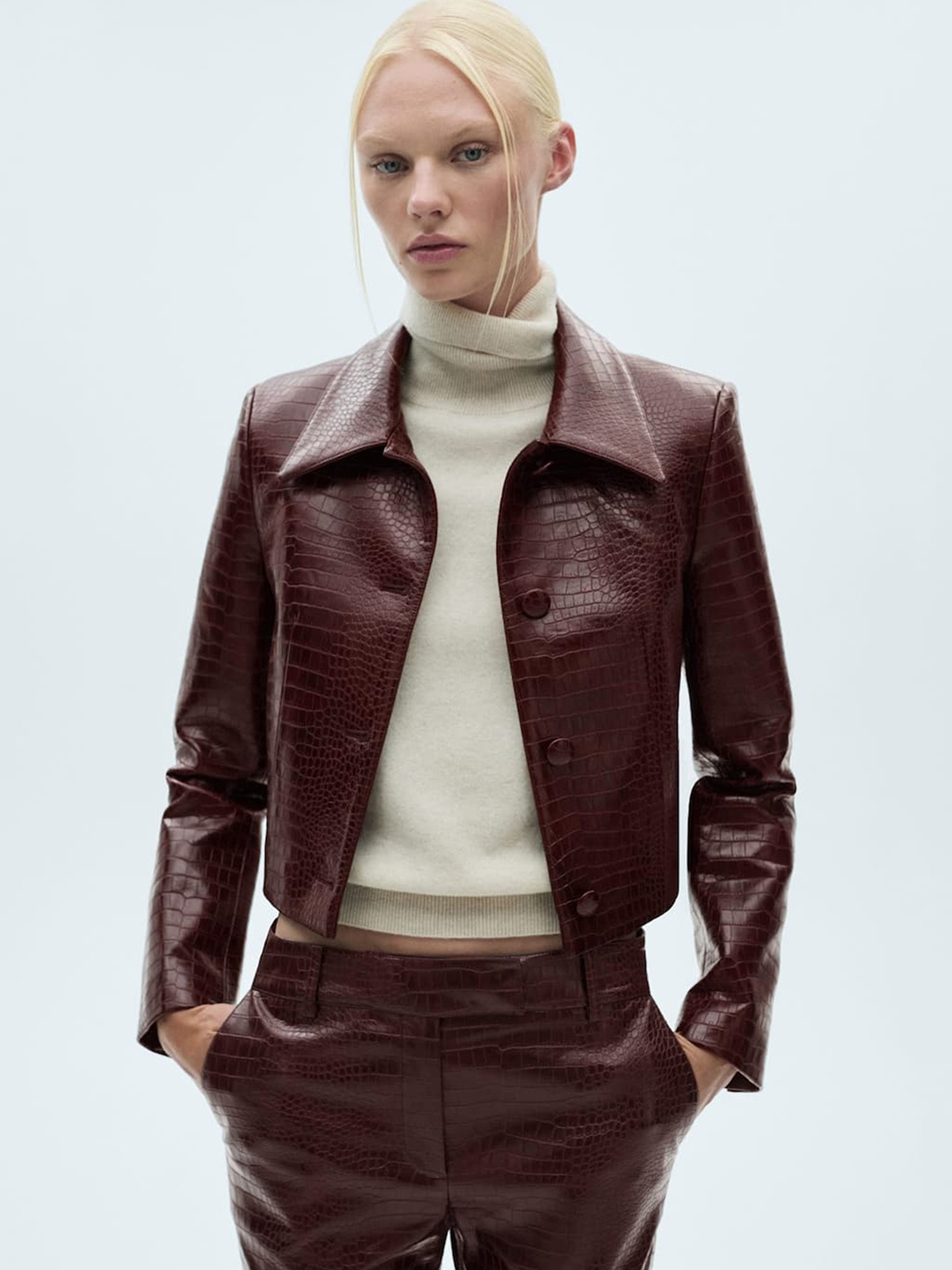 

MANGO Croc-Textured Faux Leather Jacket, Burgundy