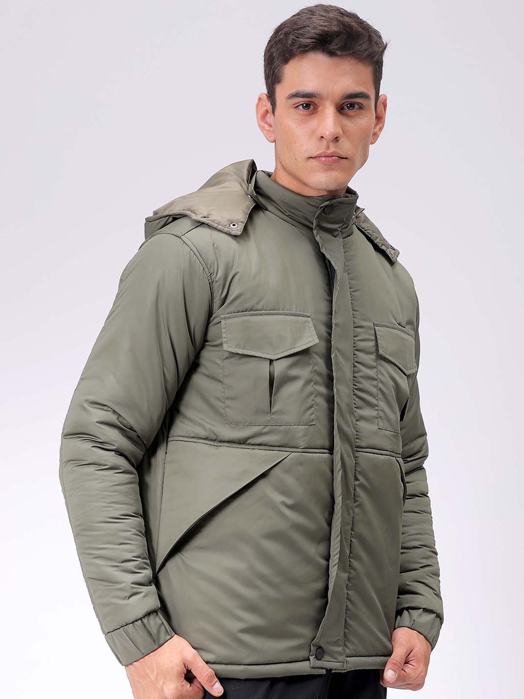 

The Indian Garage Co Men Olive Solid Hooded Neck Padded Parka Jacket