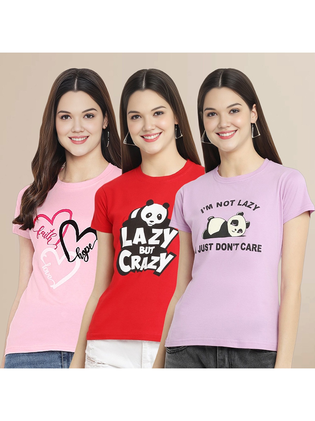 

Metronaut Women Pack Of 3 Typography Printed Round Neck Cotton T-shirts, Pink