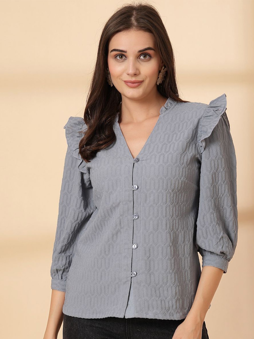 

plusS Women Self Design Shirt Style Regular Top, Grey