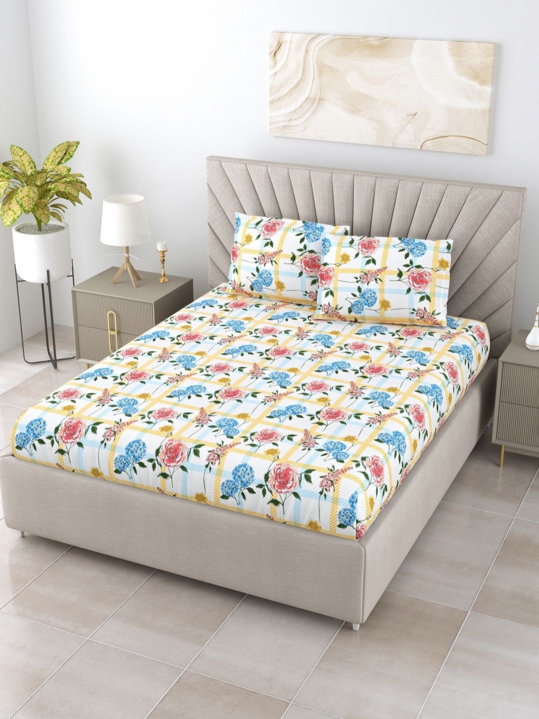 

BOMBAY DYEING Florentine White Floral Cotton 144 TC King Bedsheet Set 2.74 m x 2.74 m