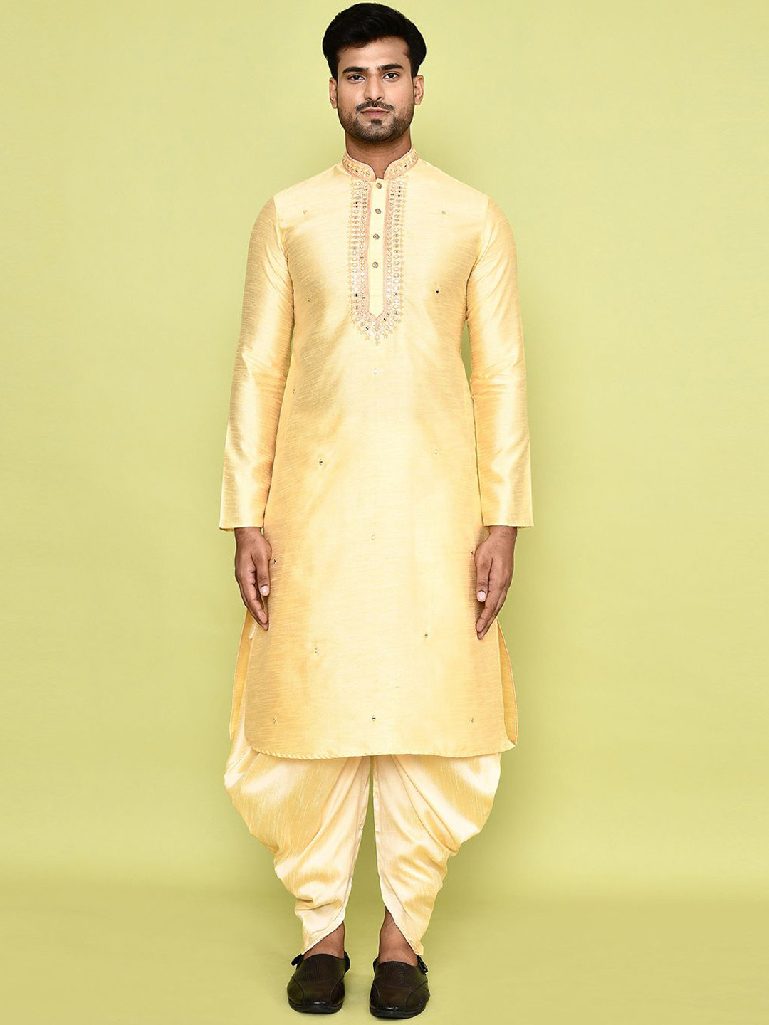 

Arihant Rai Sinha Mandarin Collar Long Sleeves Mirror Work Dupion Silk Kurta & Patiala, Yellow